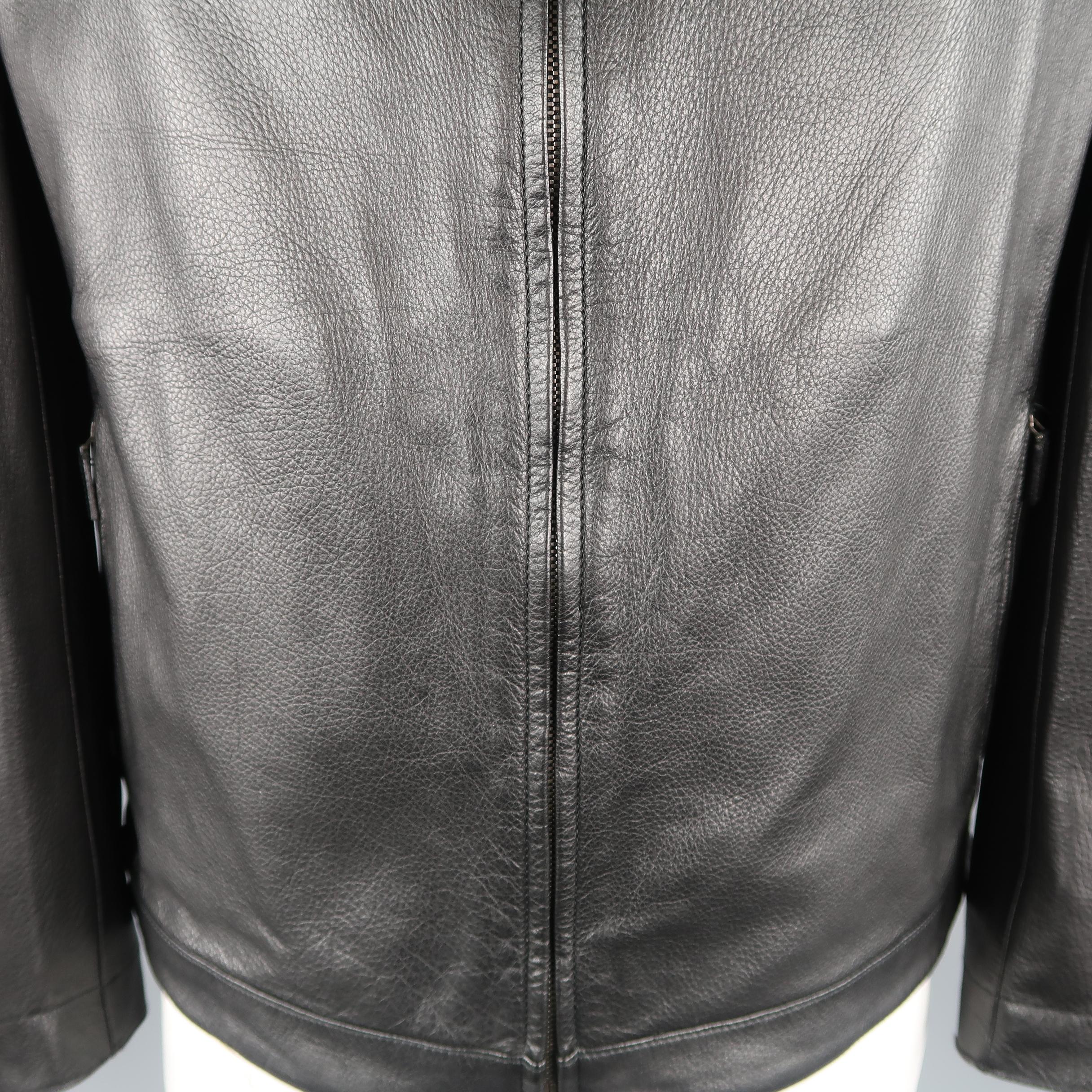 Men's GUCCI 42 Black Textured Leather Zip Up Band Collar Motorcycle Jacket