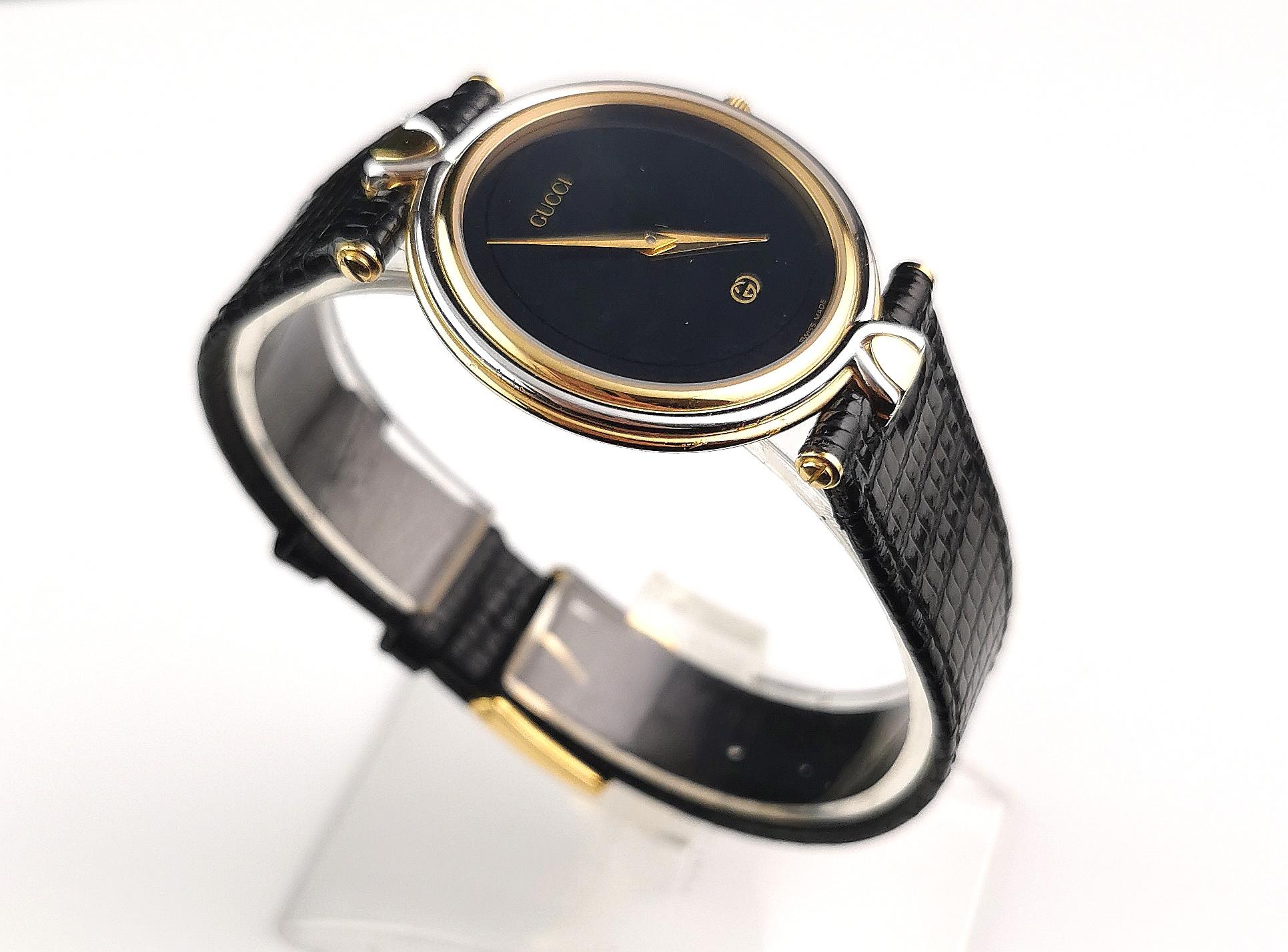 Modern Gucci 4500m wristwatch, gold plated, stainless steel, Leather strap  For Sale