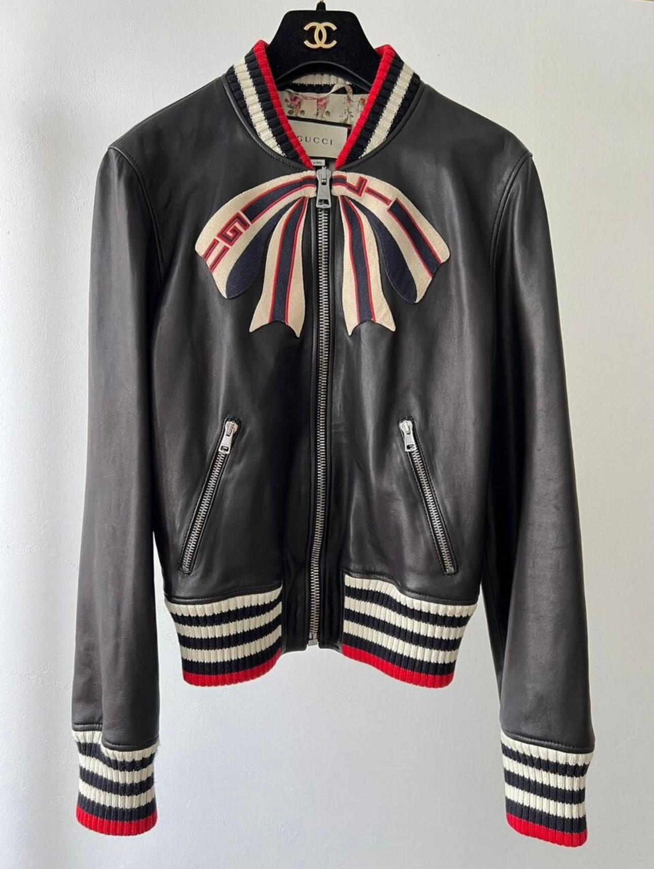 Women's or Men's Gucci 4K$ Logo Bow Black Leather Jacket