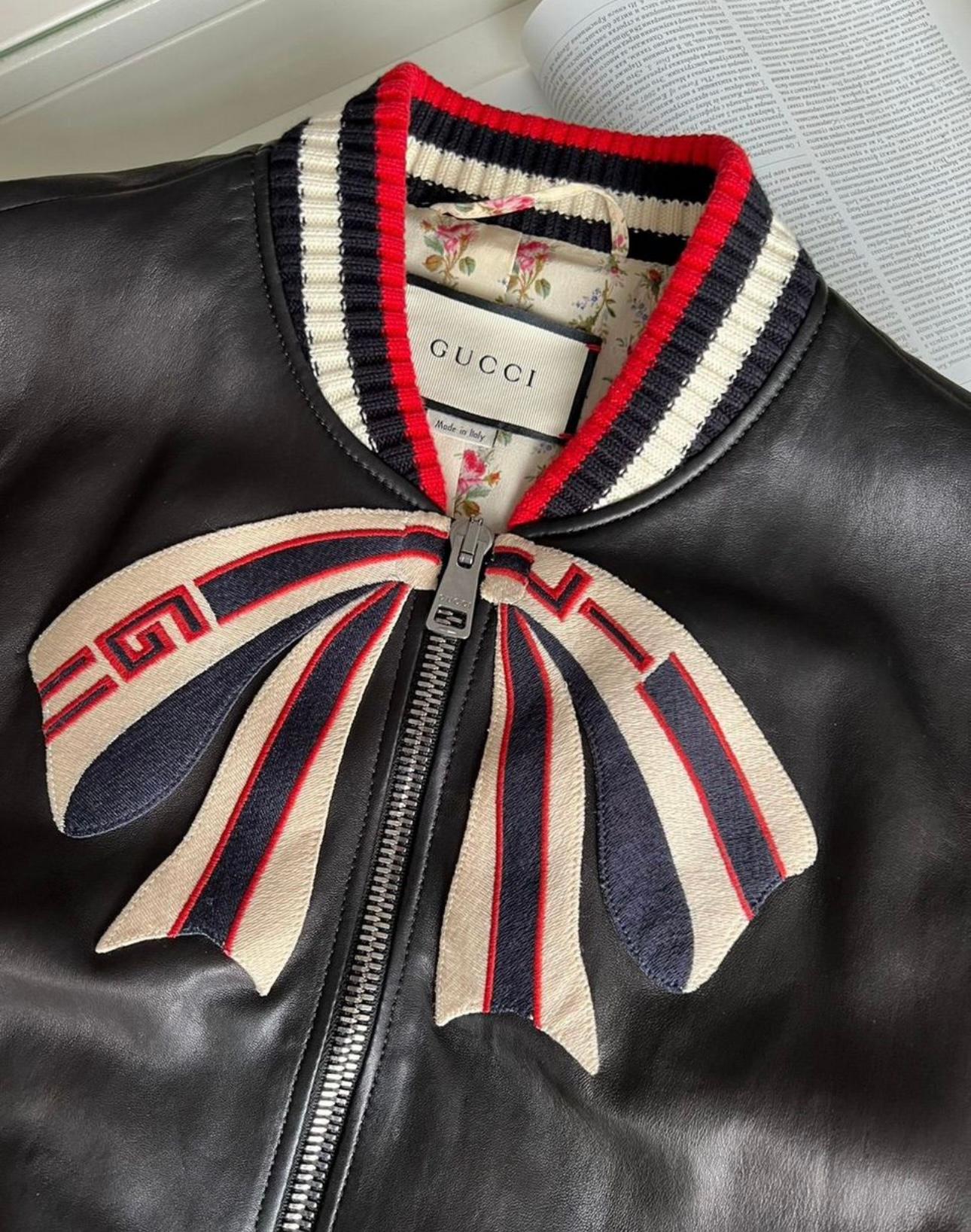 Gucci 4K$ Logo Bow Black Leather Jacket  1