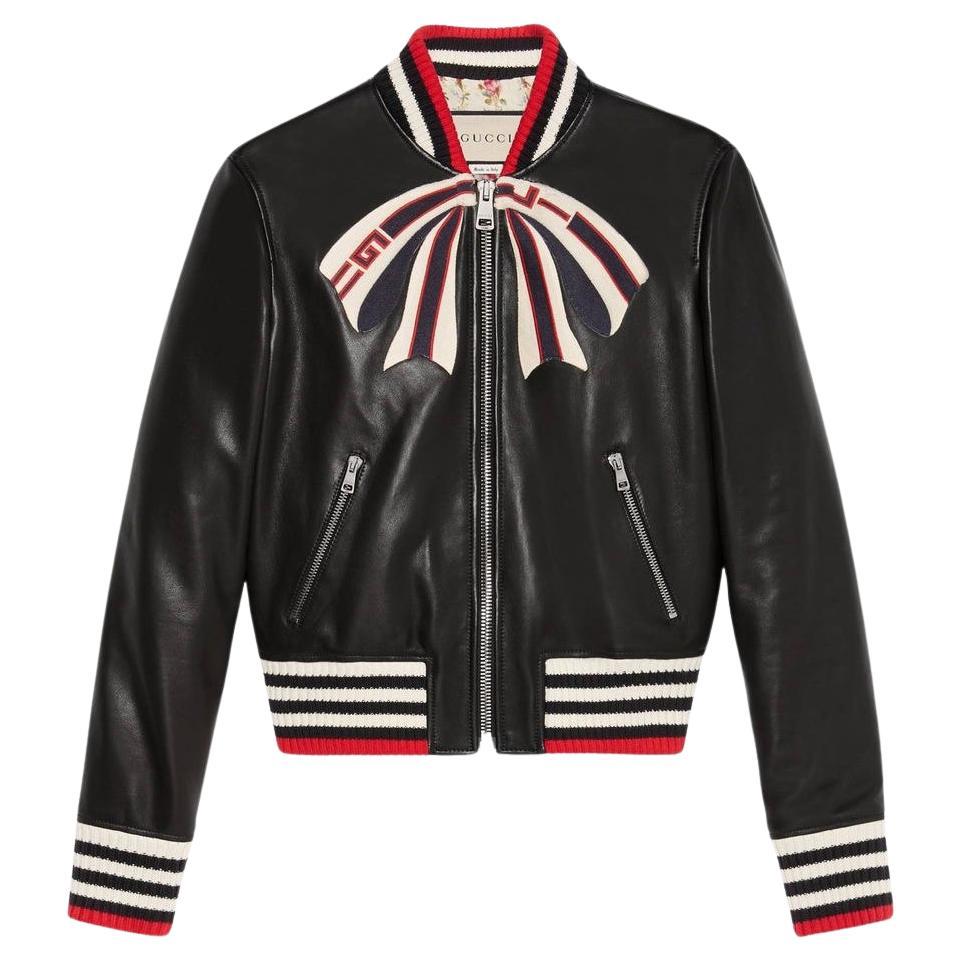 Gucci 4K$ Logo Bow Black Leather Jacket 