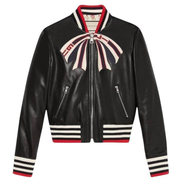Gucci 4K$ Logo Bow Black Leather Jacket
