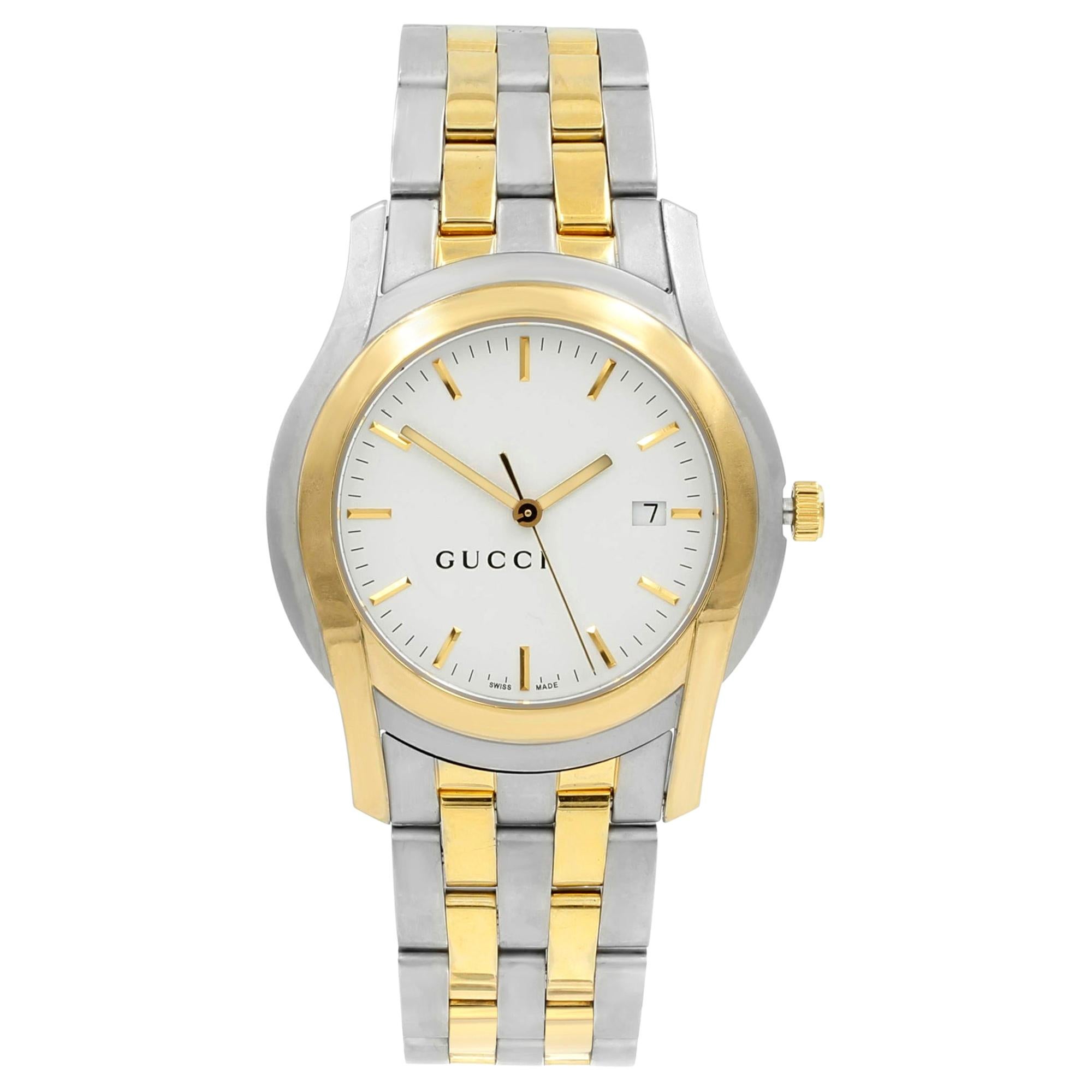 Gucci 5500 XL Two-Tone Steel White Sticks Dial Quartz Men's Watch YA055216