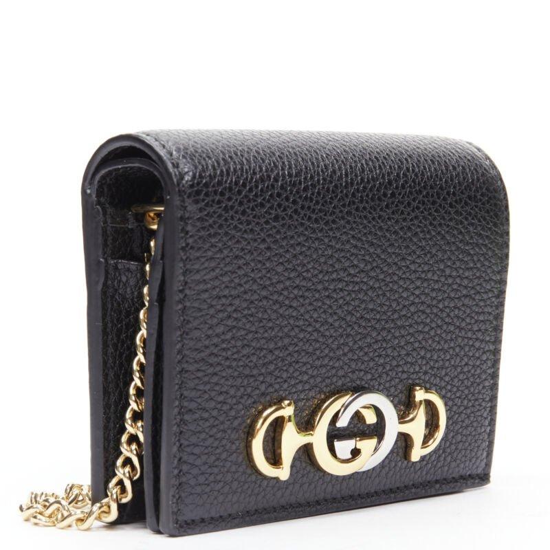 Black GUCCI 570660 Zumi black leather GG Horsebit bi-fold wallet on chain nano bag