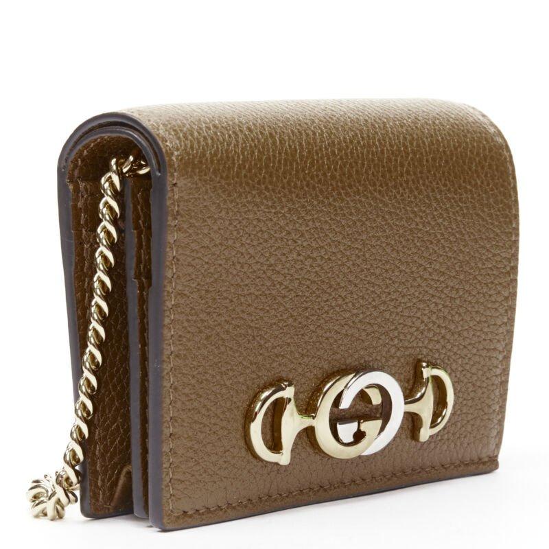 Brown GUCCI 570660 Zumi brown leather GG Horsebit bi-fold wallet on chain nano bag For Sale