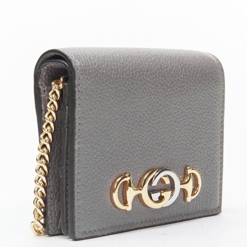 Gray GUCCI 570660 Zumi grey leather GG Horsebit bi-fold wallet on chain mini bag For Sale