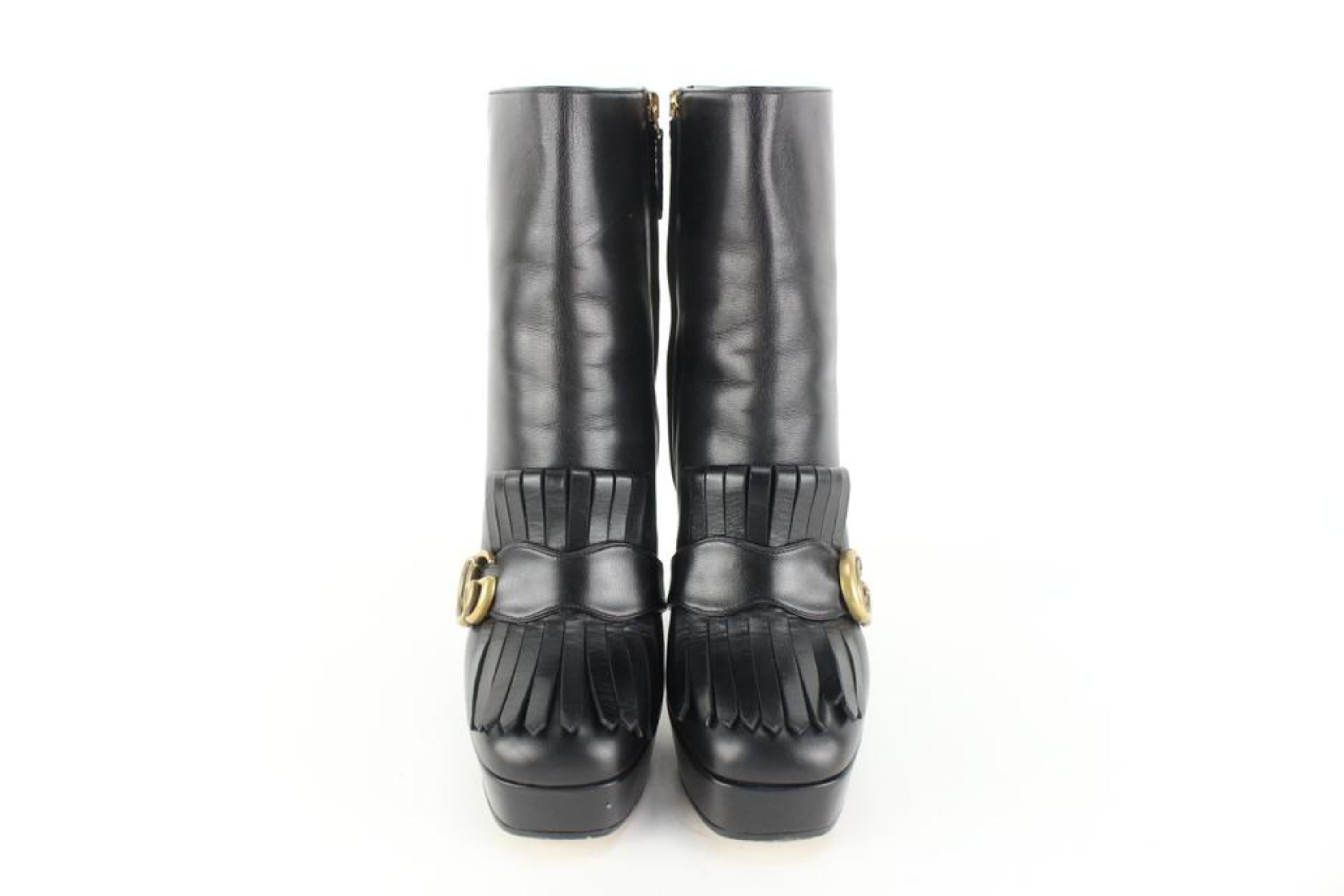 Gucci 577217 Black Leather Fringe Marmont Platform Boot 74gk512s In Good Condition In Dix hills, NY