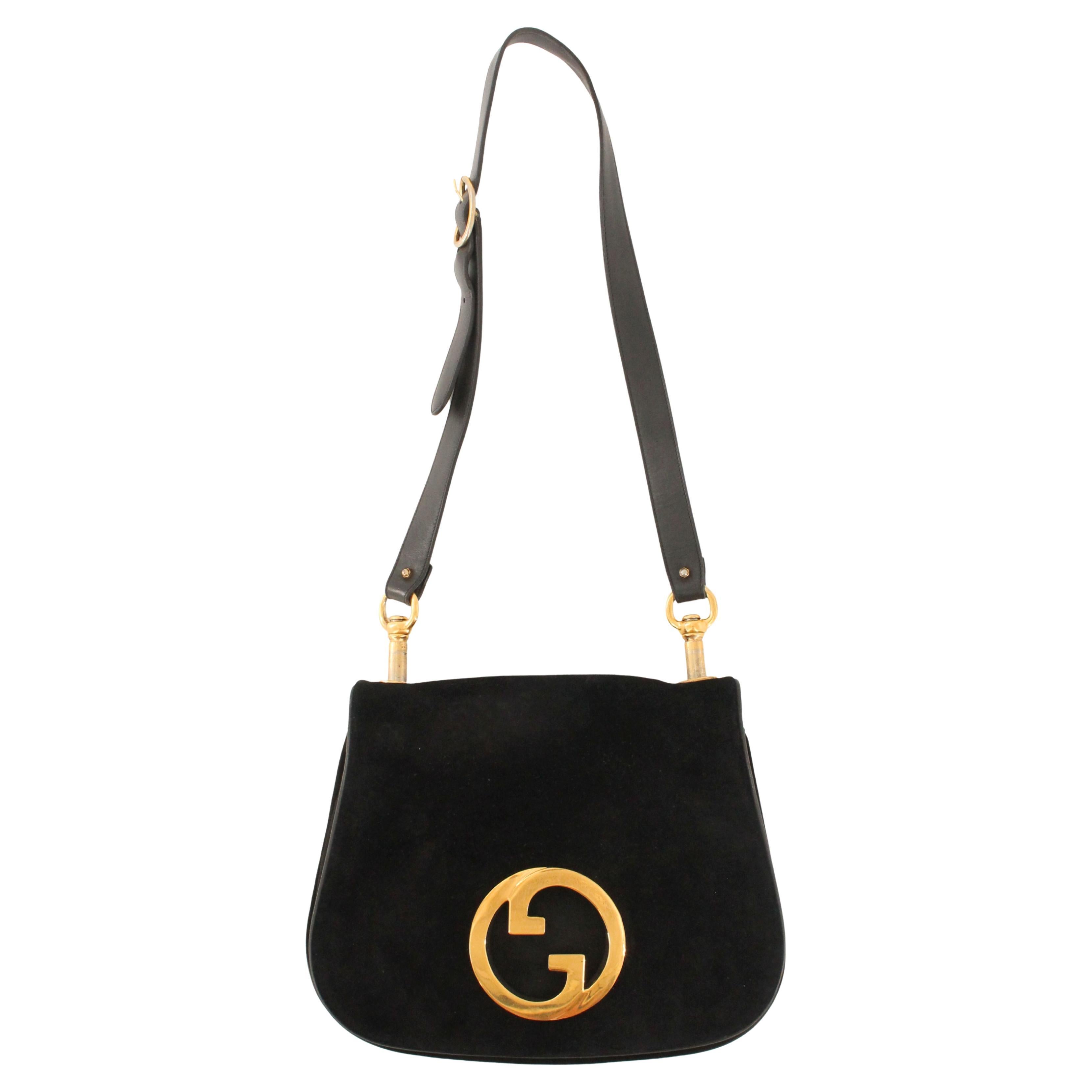Gucci 70's Blondie Black Suede Bag With Gold Hardware en vente