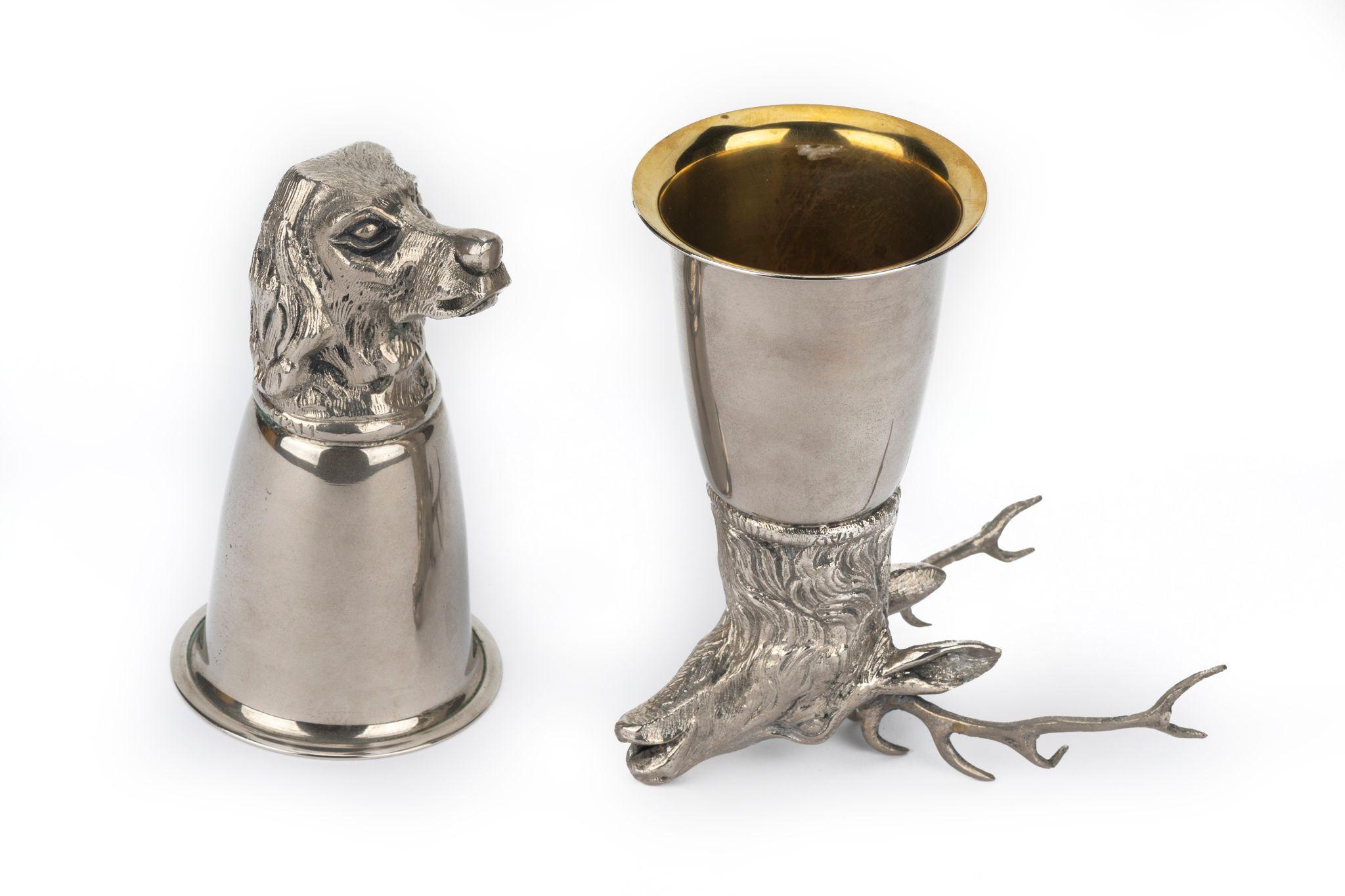 Gucci 70 s vintage collectible pair of silver plated stirrups cups. Excellent condition. Dog and Elk pair of subjects .