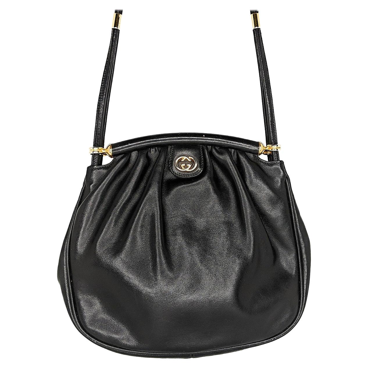 Gucci 70s Vintage Black Leather Interlocking G Shoulder Bag