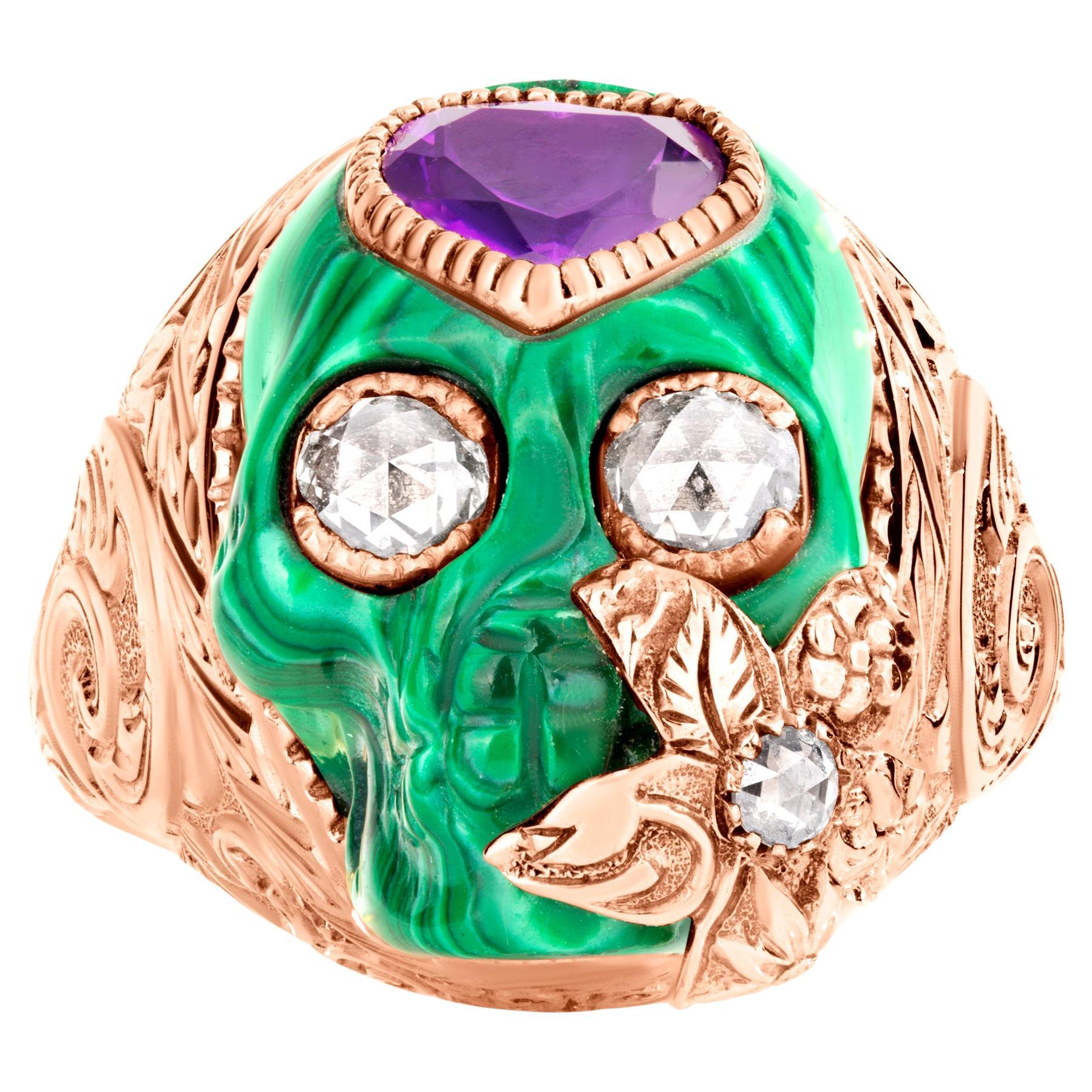 Gucci 7ctw. Malachite Amethyst Skull Ring with Rose Cut Diamond Eye in 18k Gold 