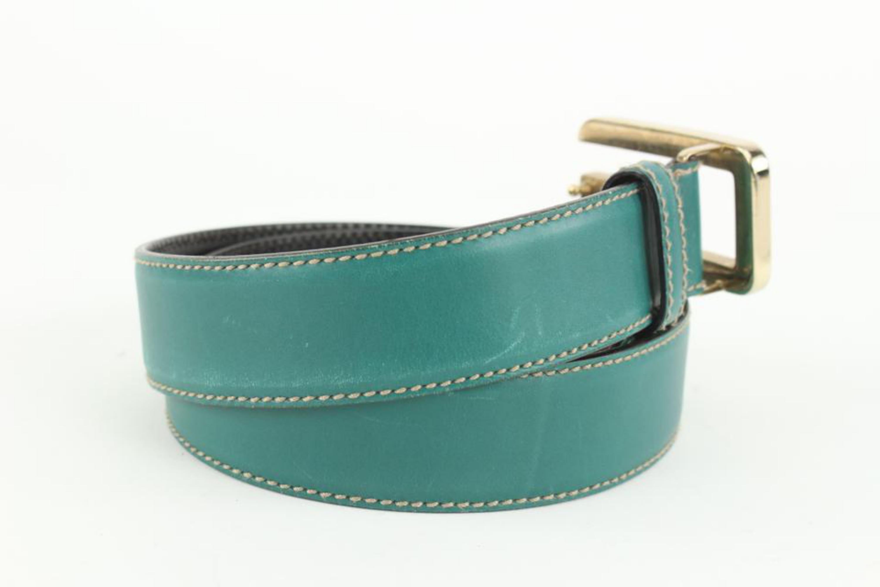 Gray Gucci 80/32 Teal Leather G Logo Belt 128g41 For Sale