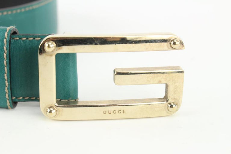 Gucci 80/32 Blaugrüner Ledergürtel mit G-Logo 128g41 im Angebot bei 1stDibs