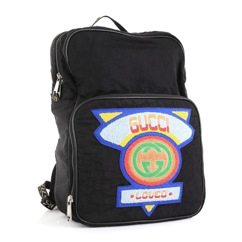 This Gucci 80's Patch Backapck Nylon Medium, crafted in black nylon, features dula padded strap, rainbow terry cloth Gucci patch with Interlocking G and the emblematic 