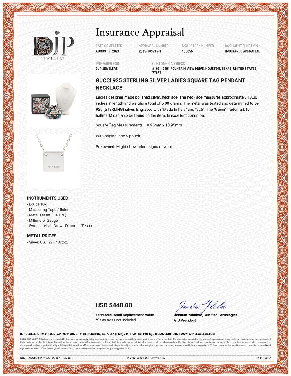 Gucci 925 Sterling Silver Ladies Square Tag Pendant Necklace For Sale 3