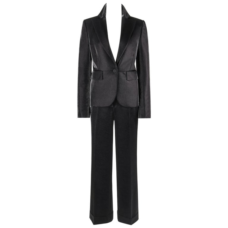 GUCCI A/W 2006 2pc Black Metallic Satin Blazer and Wide Leg Trouser Pant  Suit Set For Sale at 1stDibs