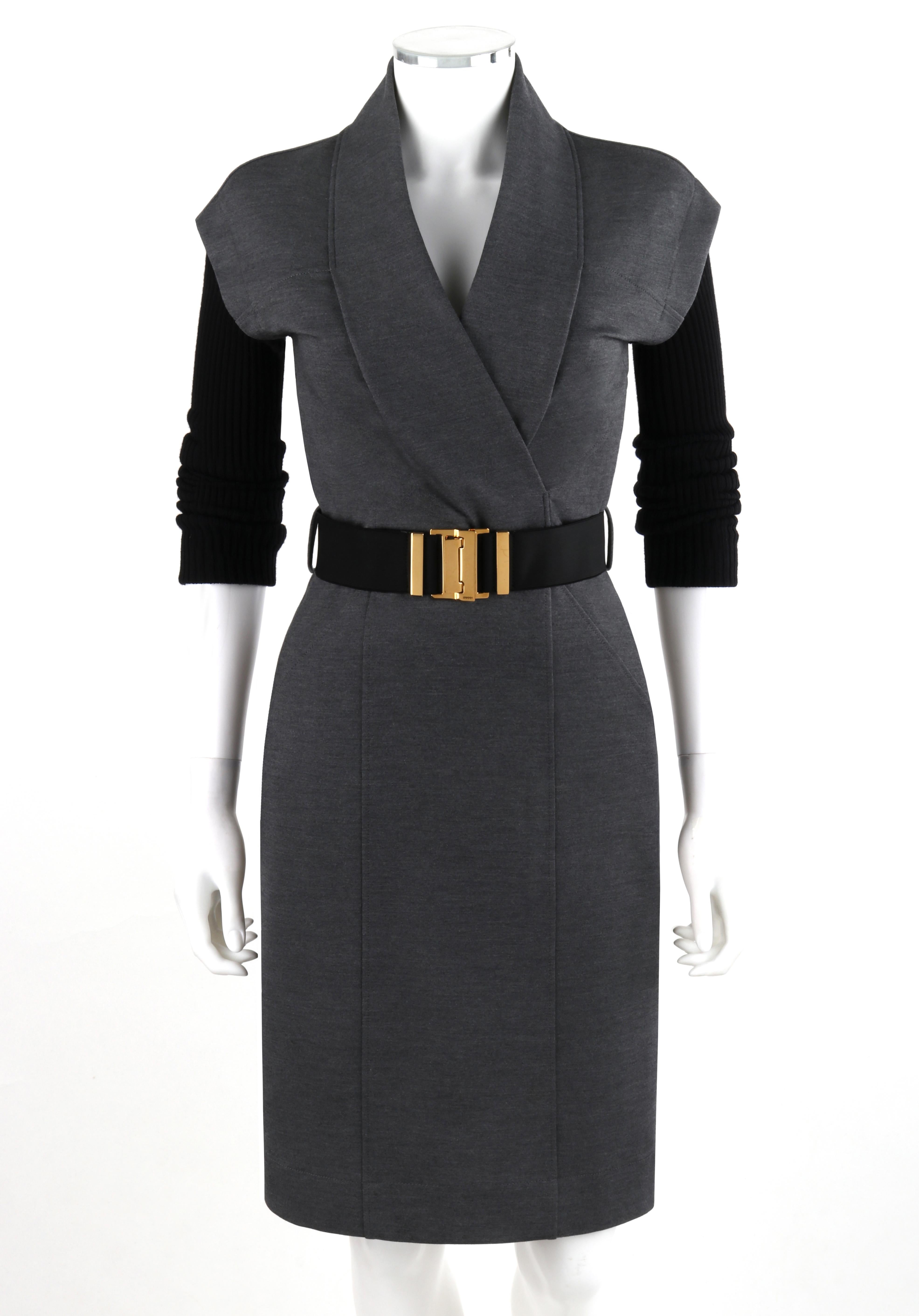 GUCCI A/W 2009 Gray Surplice Neckline Sheath Belted Shawl Fold Dress
  
Brand / Manufacturer: Gucci
Collection: A/W 2009
Designer: Alessandro Michele 
Style: Belted dress
Color(s): Shades of slate gray, black (exterior, interior); gold