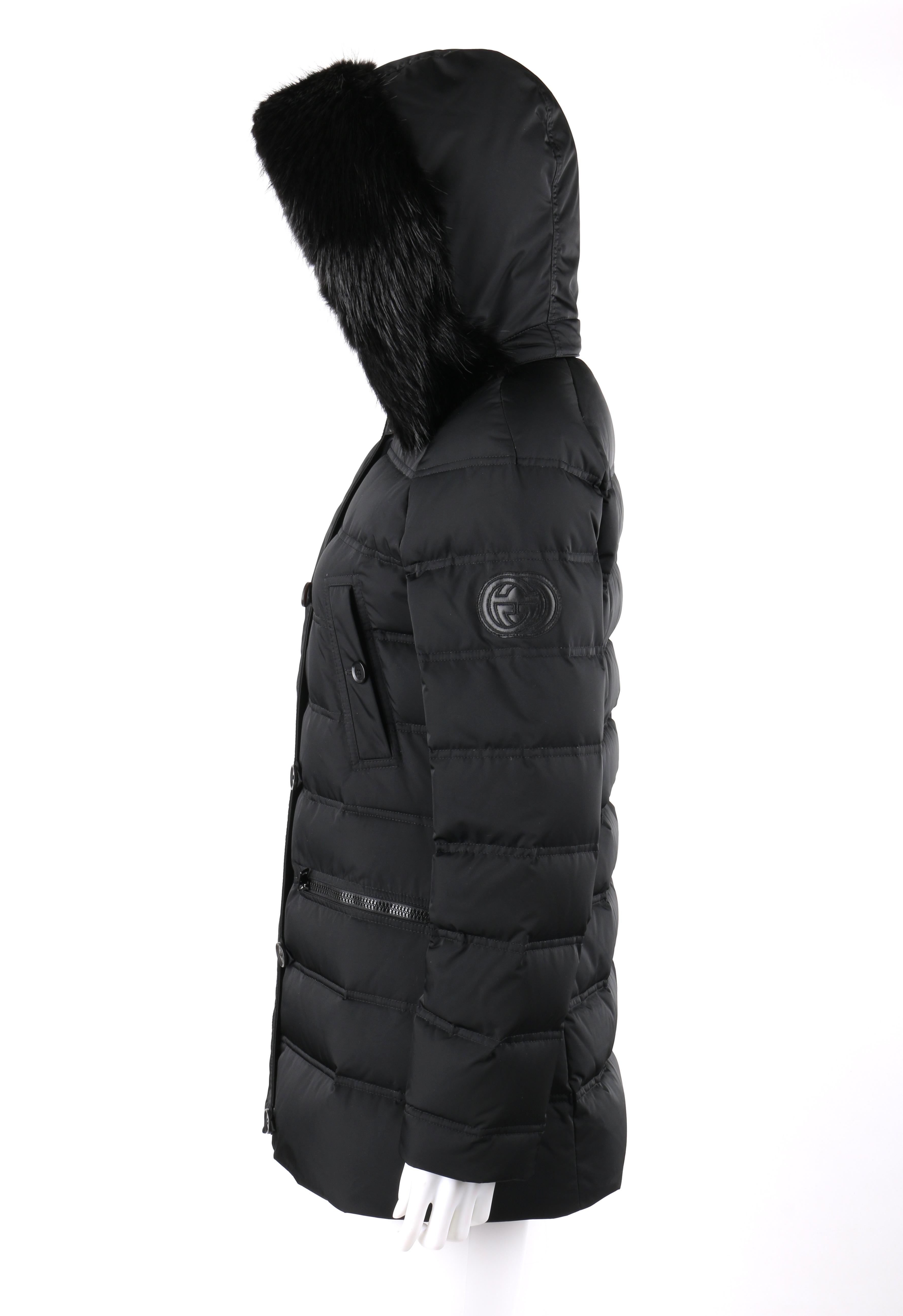 GUCCI A/W 2013 Black Channel Quilted Beaver Fur Trim Hooded Down Puffer Coat In Good Condition For Sale In Thiensville, WI