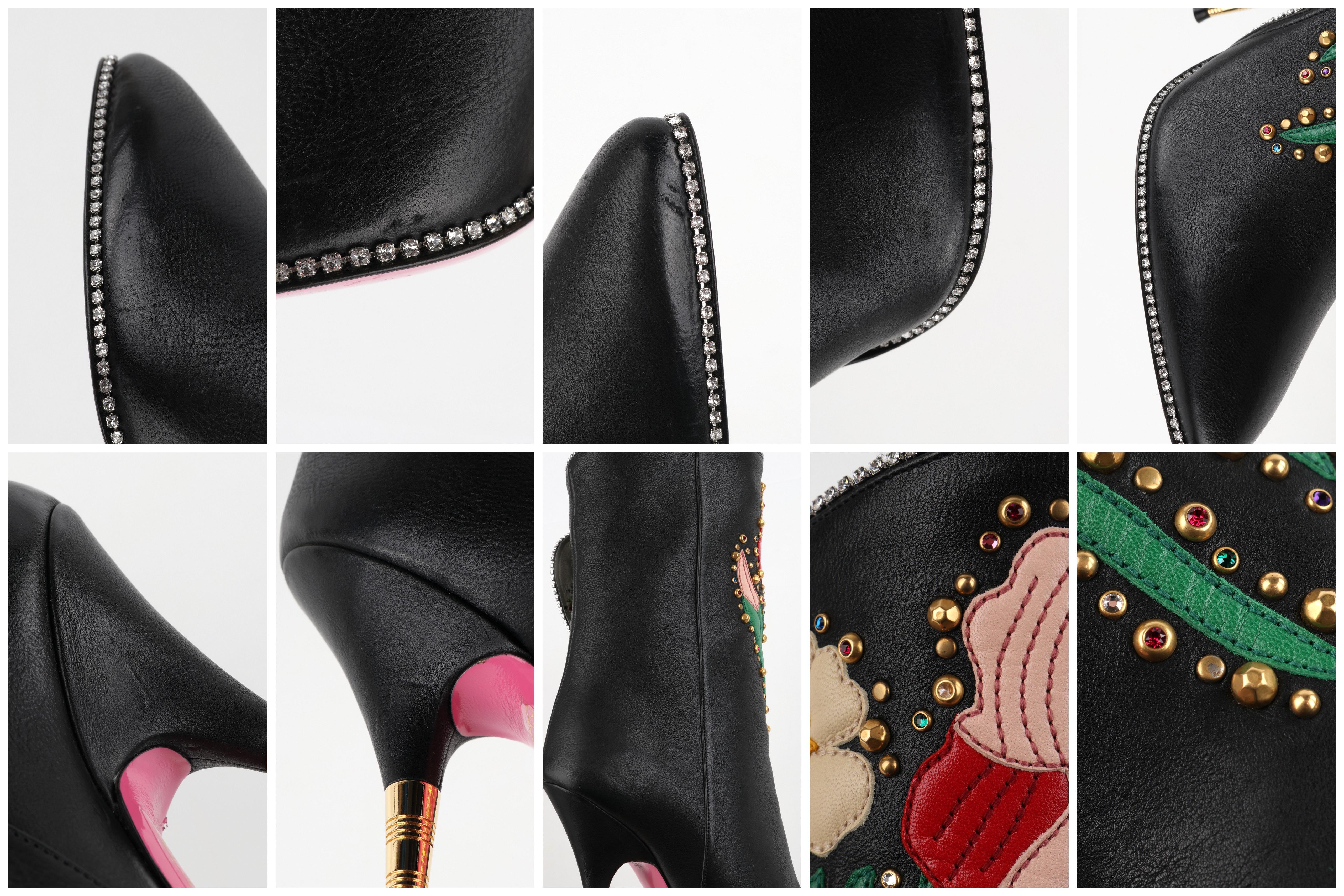 GUCCI A/W 2017 “Fosca” Black Floral Applique Studded Crystal Leather Heels Boots 5
