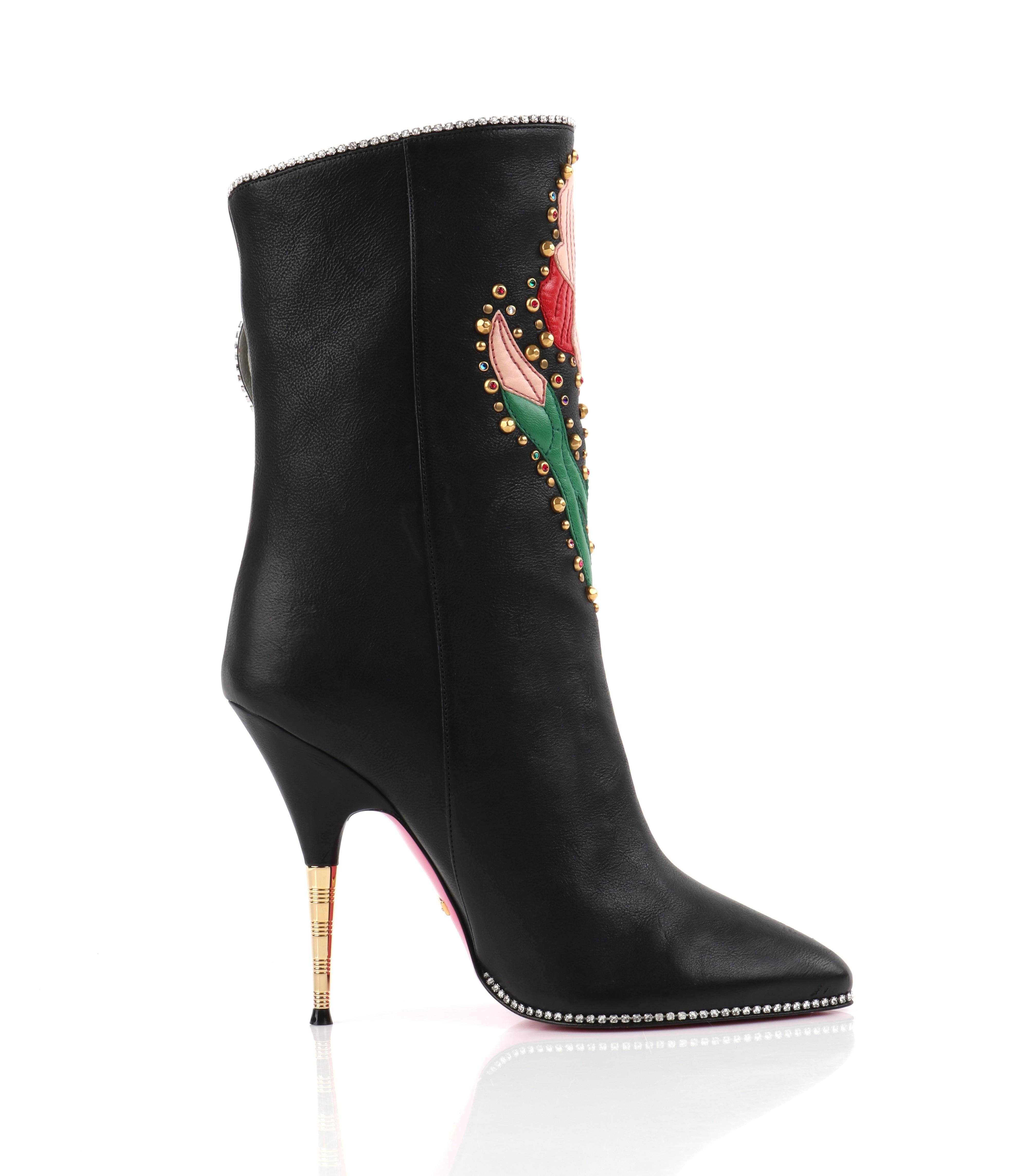 GUCCI A/W 2017 “Fosca” Black Floral Applique Studded Crystal Leather Heels Boots In Good Condition In Thiensville, WI