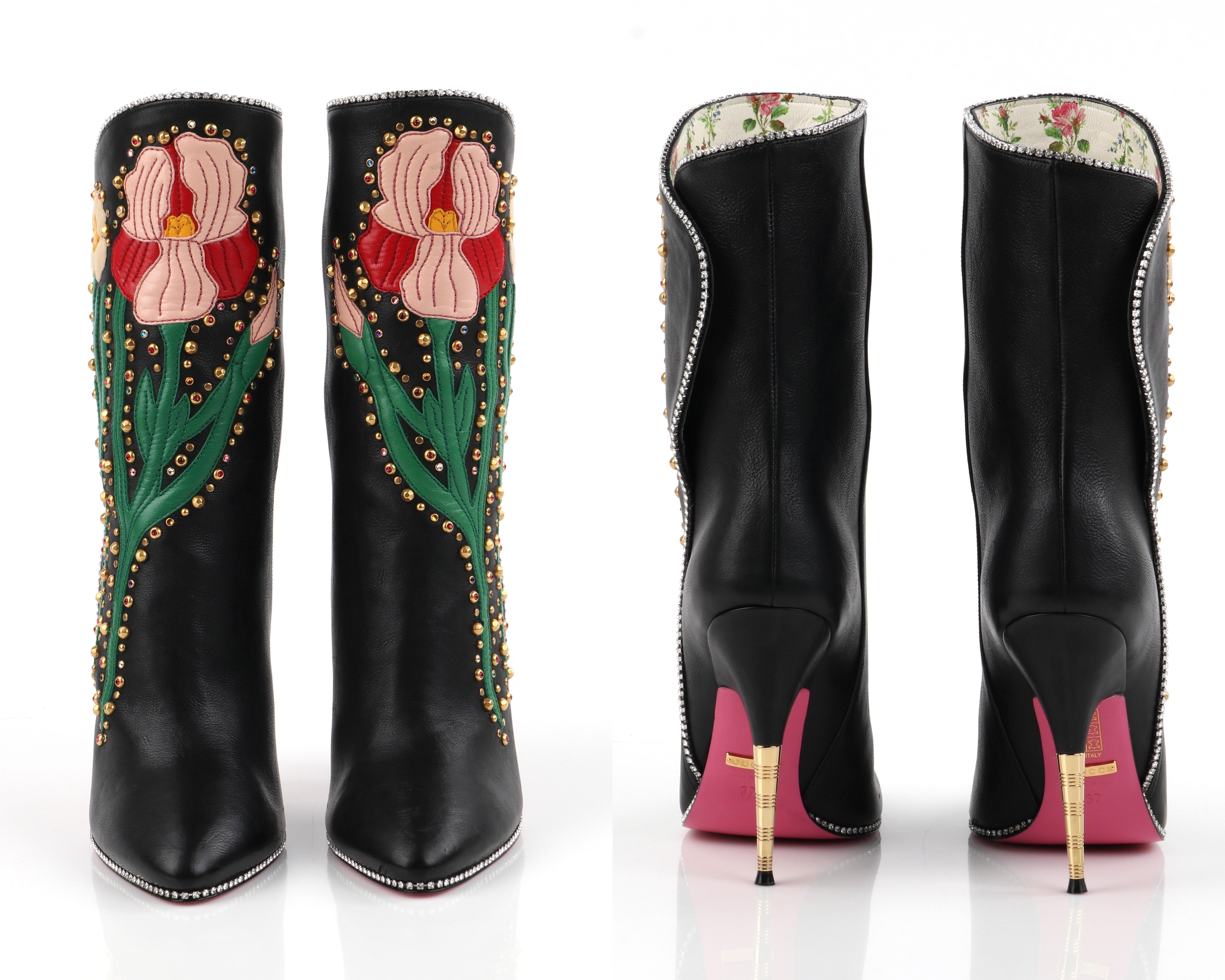 GUCCI A/W 2017 “Fosca” Black Floral Applique Studded Crystal Leather Heels Boots 1