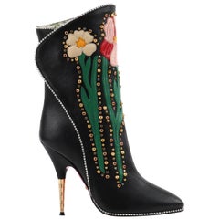 GUCCI A/W 2017 “Fosca” Black Floral Applique Studded Crystal Leather Heels Boots