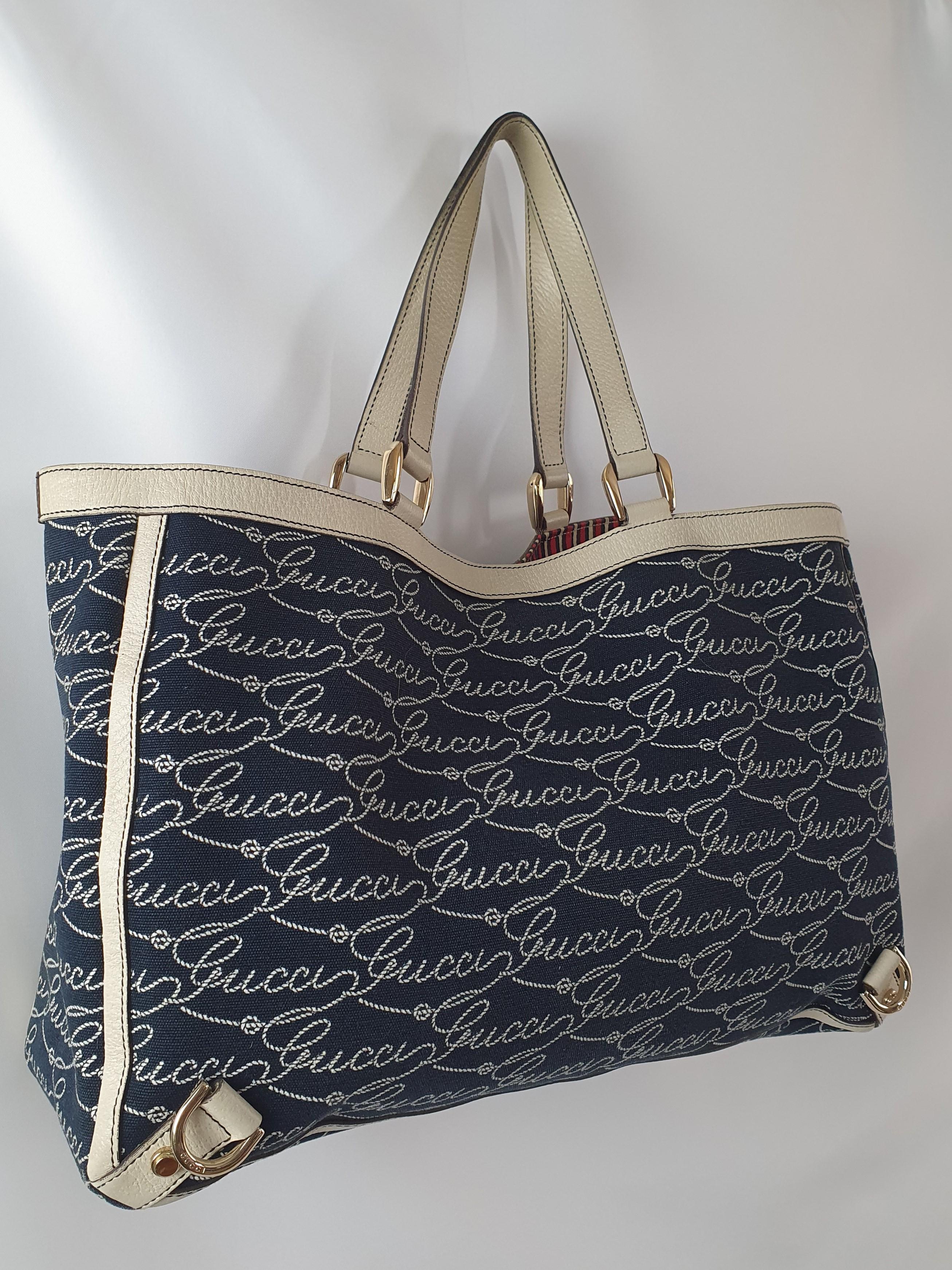 - Designer: GUCCI
- Model: Abbey tote Vintage
- Condition: Very good condition. Slight marks on interior, Sign of wear on handles
- Accessories: None
- Measurements: Width: 38cm , Height: 25cm
- Exterior Material: Cloth
- Exterior Color: Blue
-