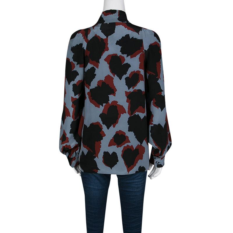 Black Gucci Abstract Leaf Print Neck Tie Detail Long Sleeve Silk Blouse S