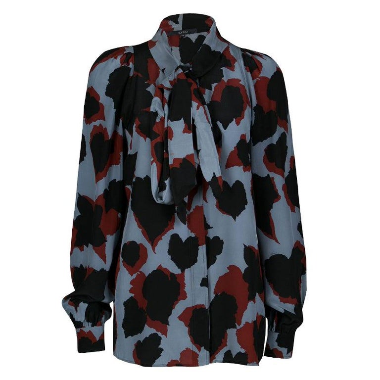 Gucci Abstract Leaf Print Neck Tie Detail Long Sleeve Silk Blouse S For ...