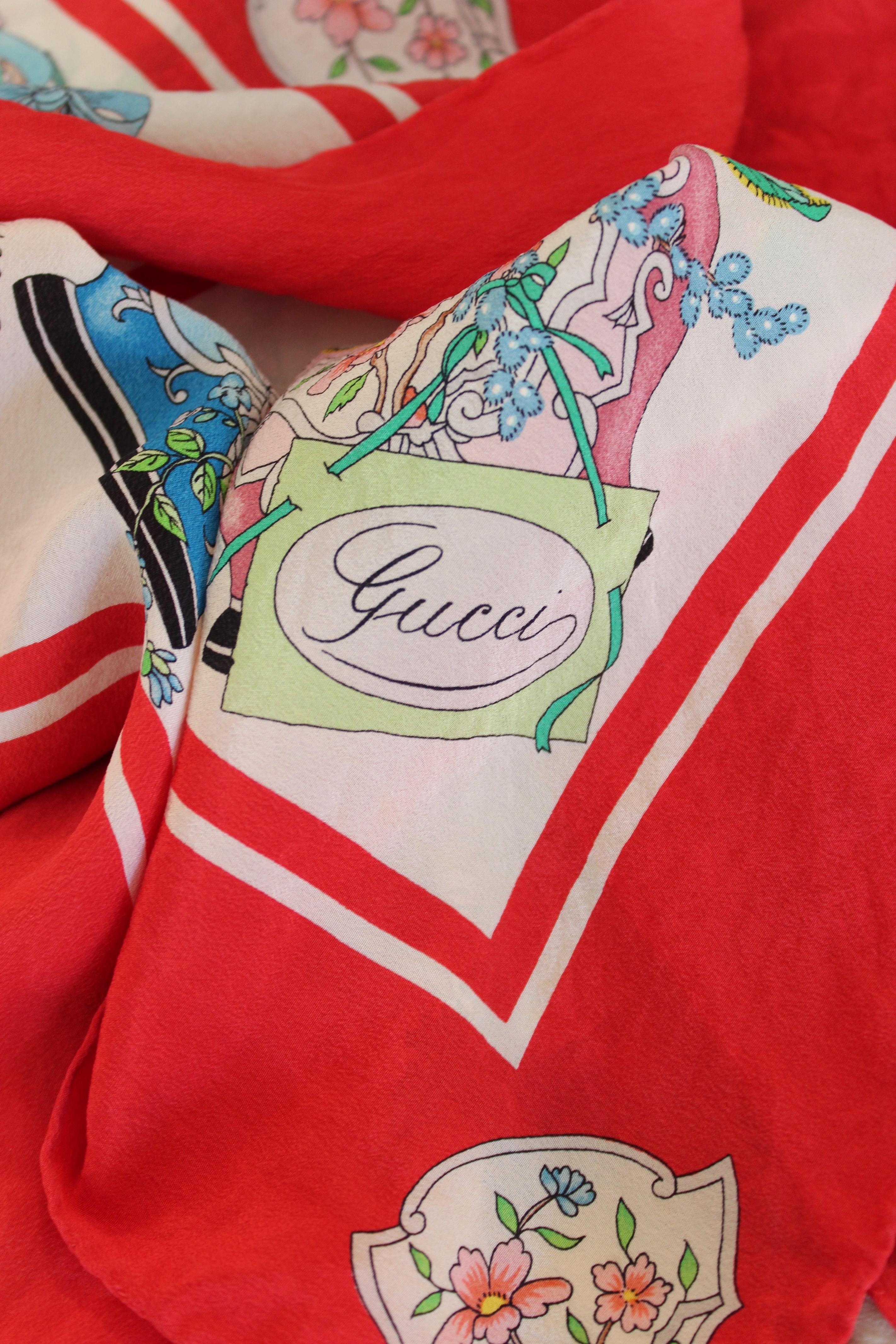 Gucci Accornero Red Beige Silk Floral Scarf 1970s 3