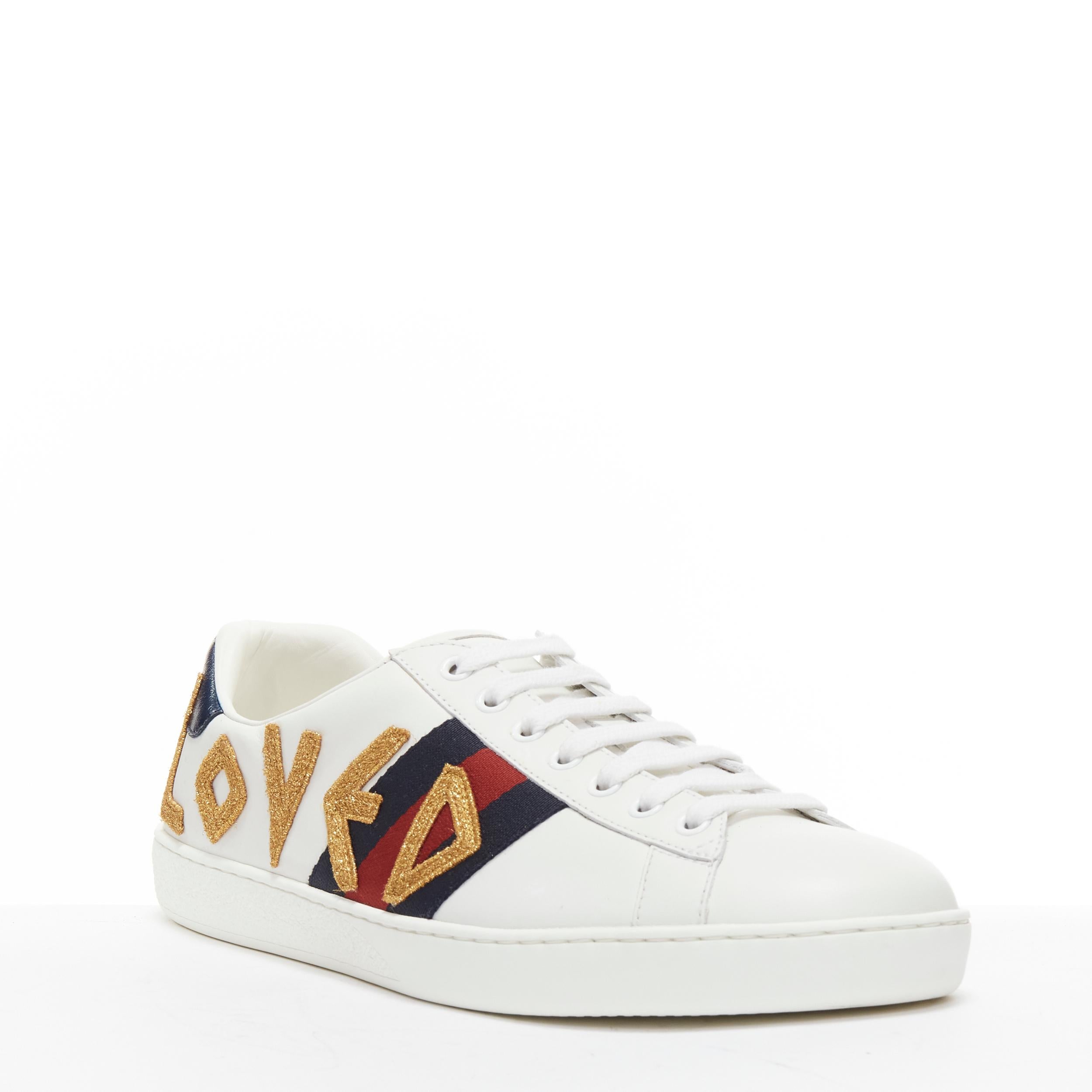 Beige GUCCI Ace Loved gold embroidered blue red web leather sneakers UK7 EU41 For Sale