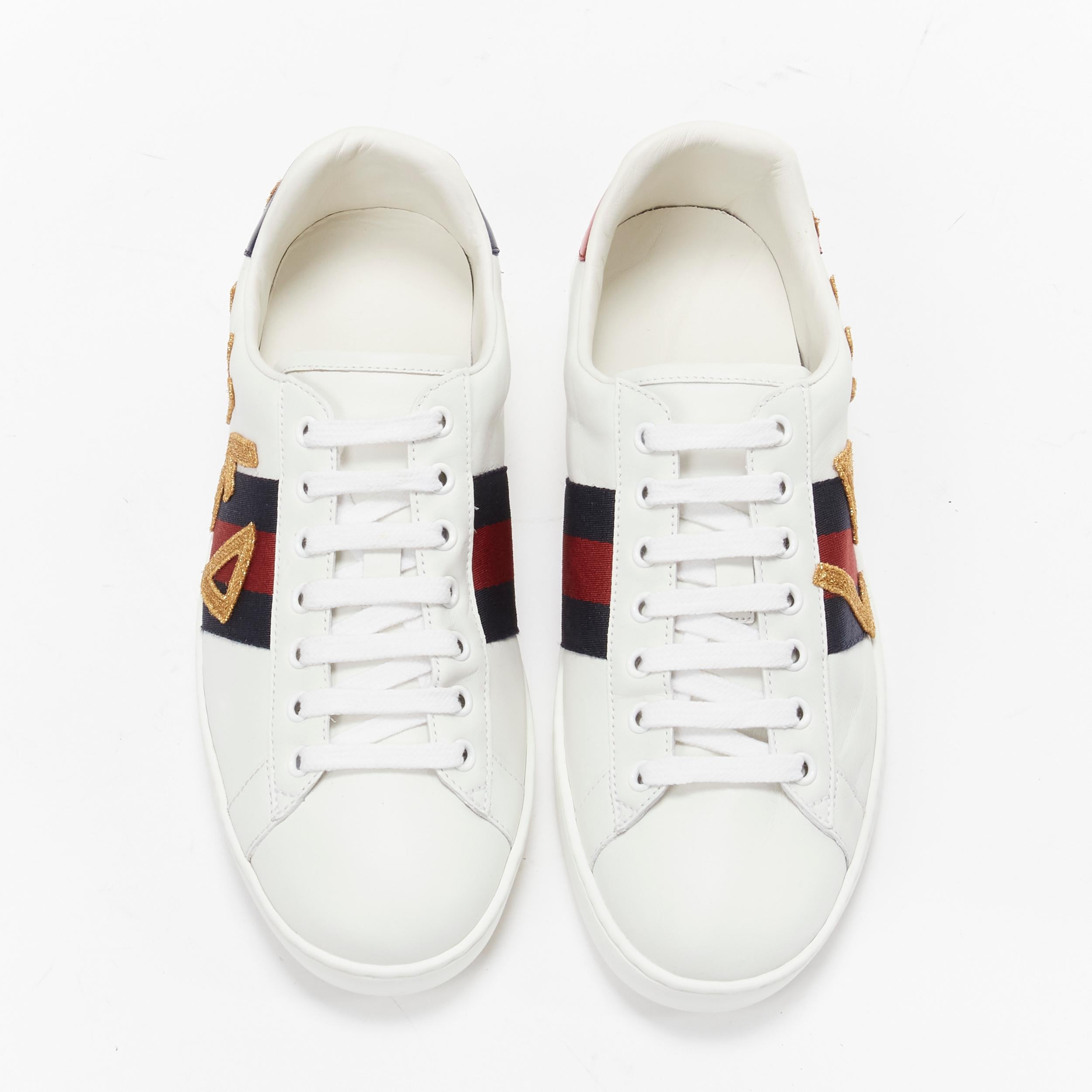 GUCCI Ace Loved gold embroidered blue red web leather sneakers UK7 EU41 In Good Condition For Sale In Hong Kong, NT