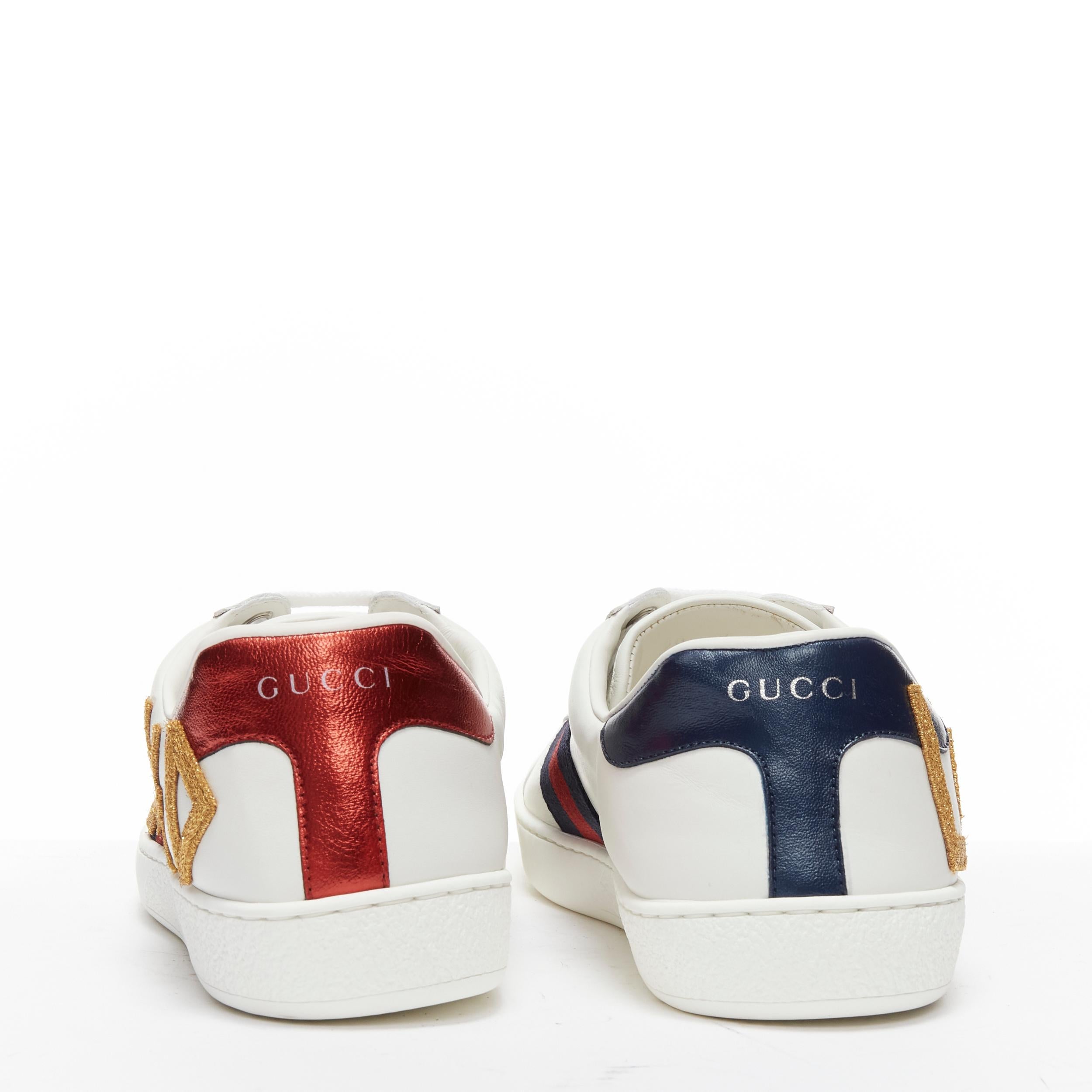 GUCCI Ace Loved gold embroidered blue red web leather sneakers UK7 EU41 For Sale 1