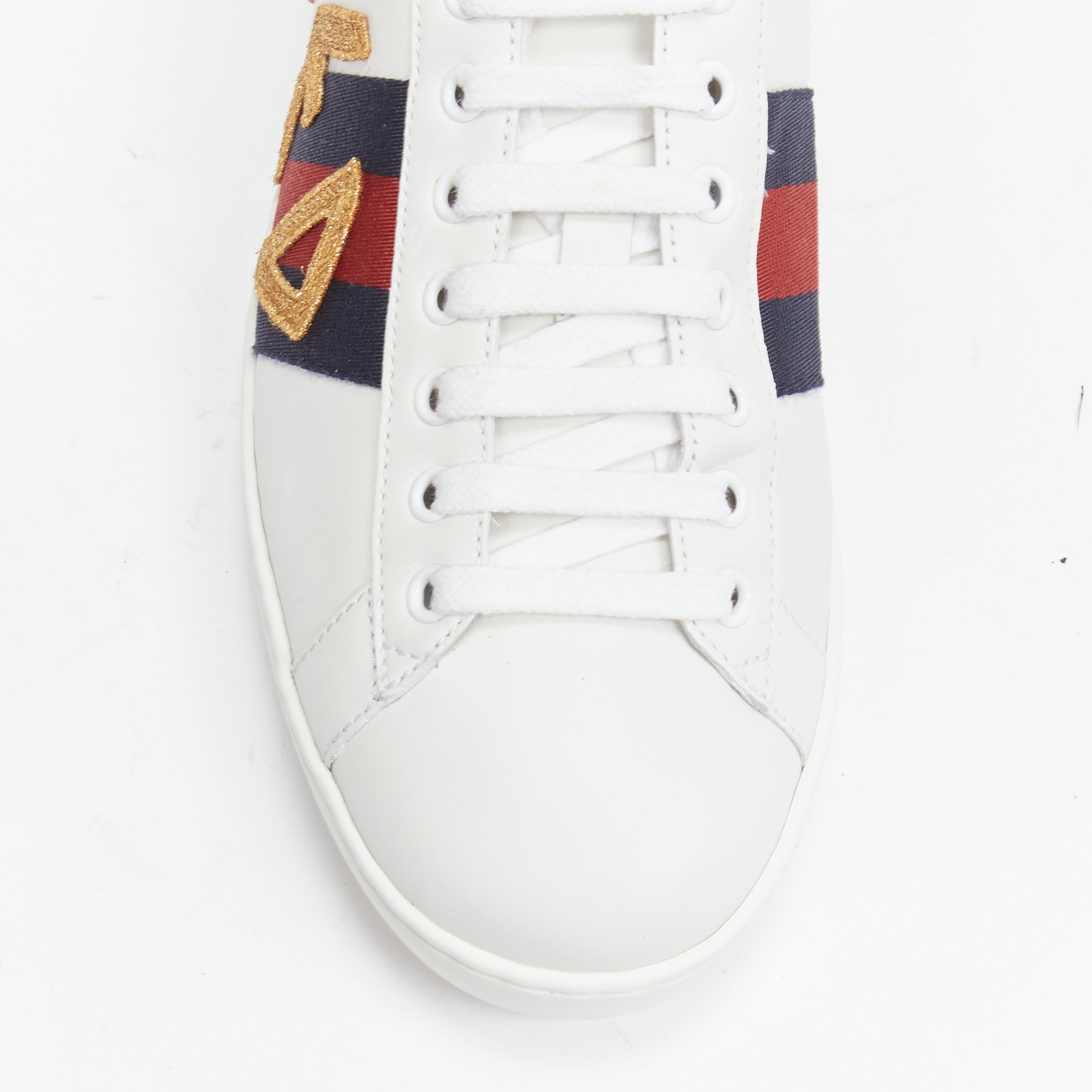 GUCCI Ace Loved gold embroidered blue red web leather sneakers UK7 EU41 For Sale 3