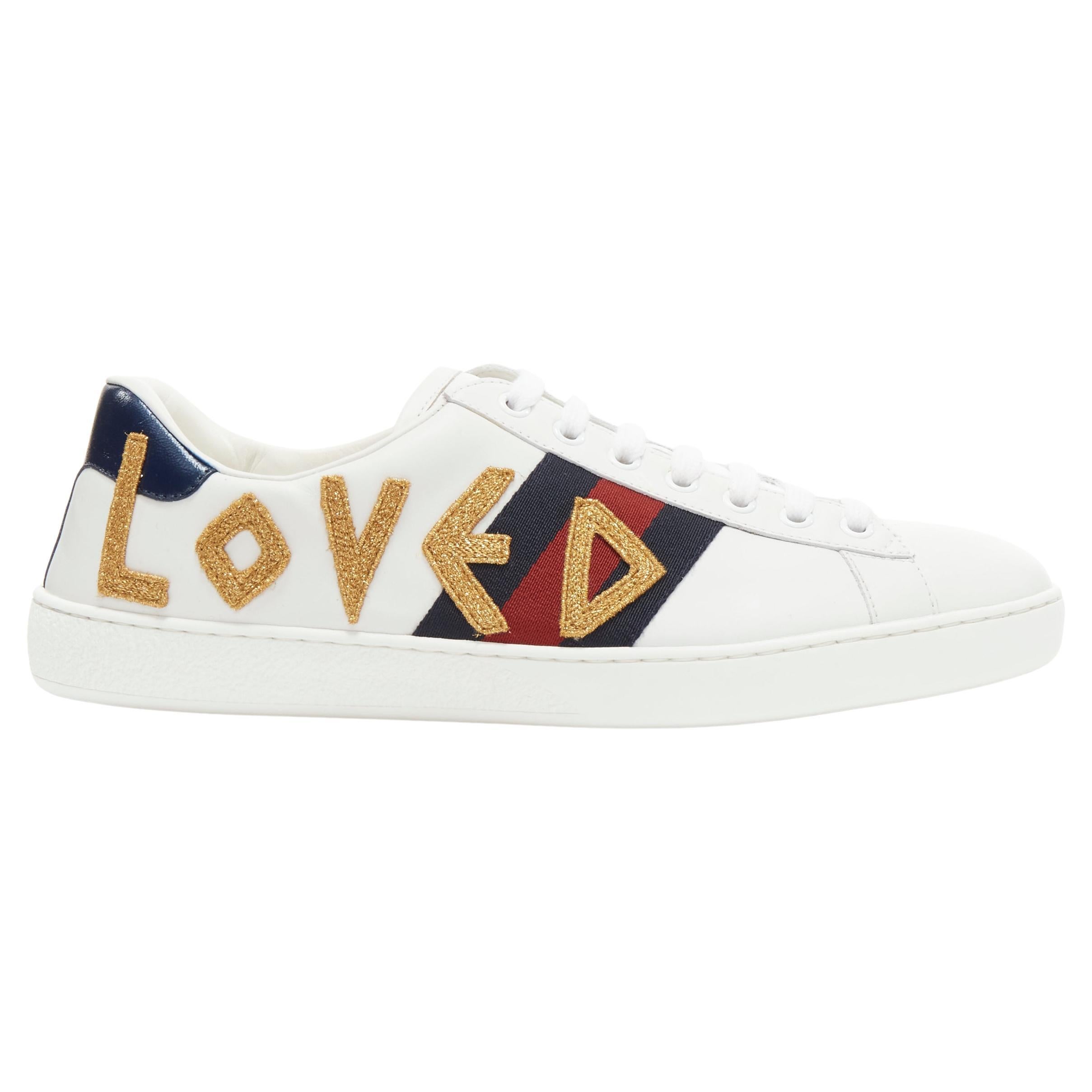 GUCCI Ace Loved gold embroidered blue red web leather sneakers UK7 EU41 For Sale