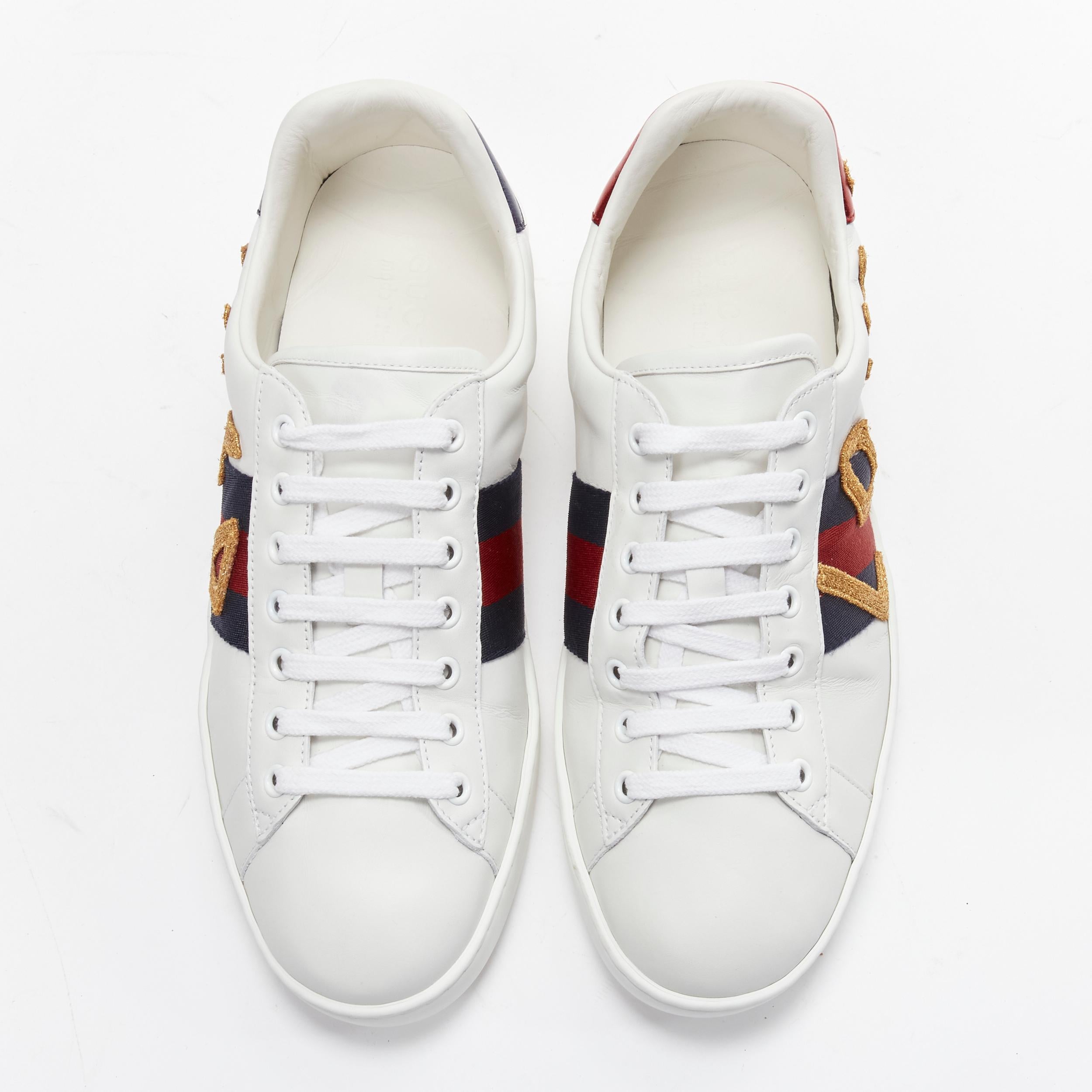 Gray GUCCI Ace Loved gold embroidered blue red web leather sneakers UK8.5 EU42.5 For Sale