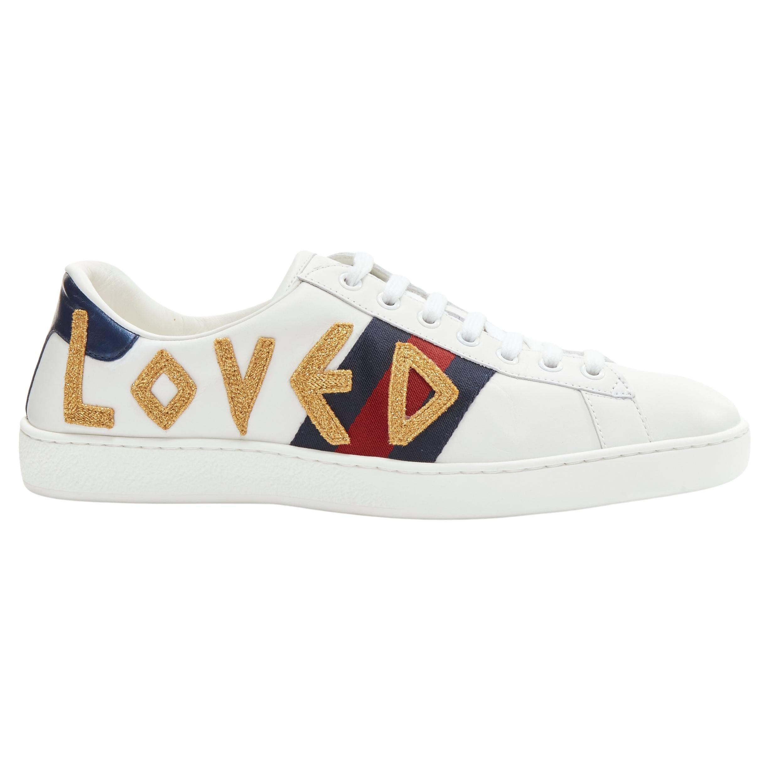 GUCCI Ace Loved gold embroidered blue red web leather sneakers UK8.5 EU42.5 For Sale