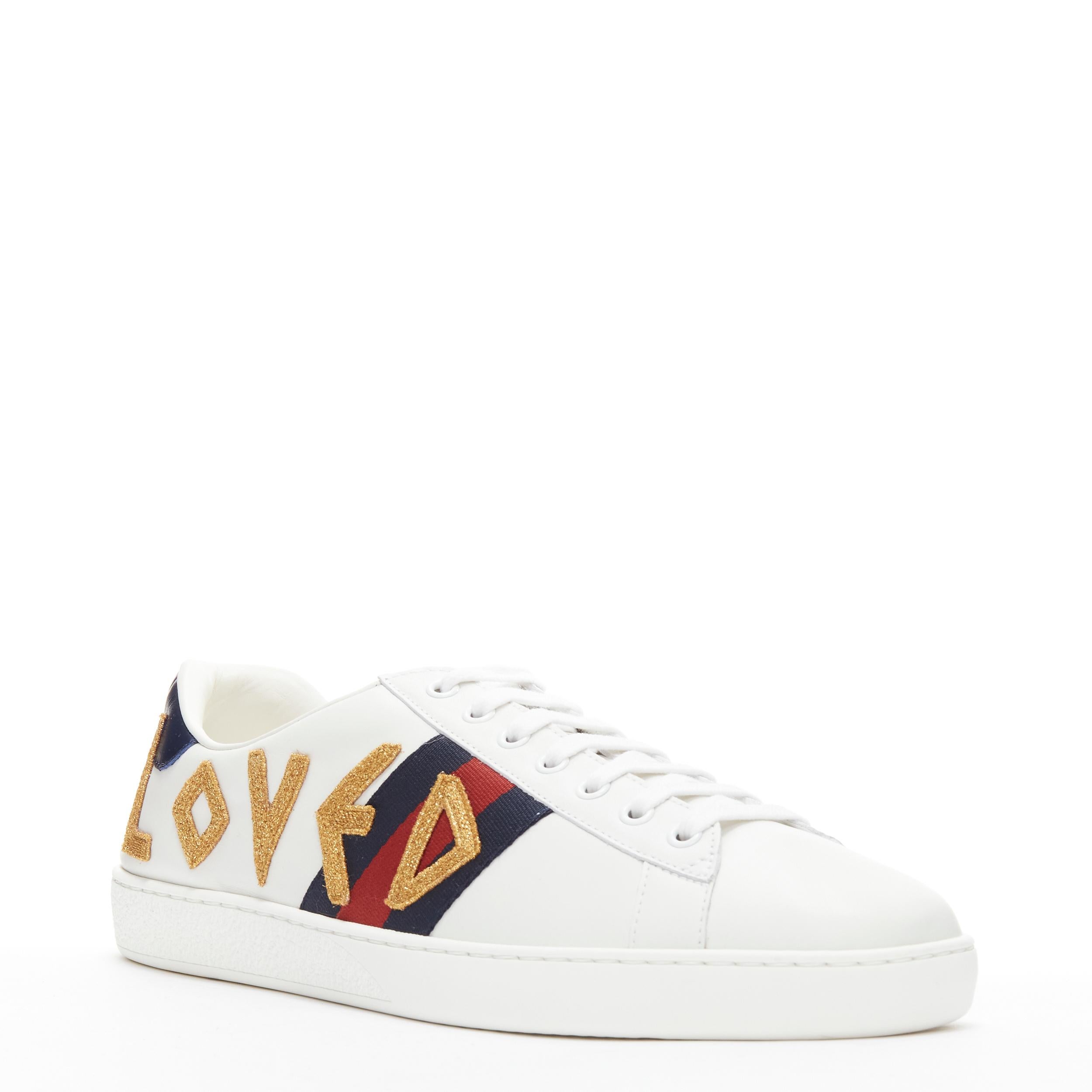 GUCCI Ace Loved gold letter patchwork white navy red web sneaker UK9 EU43
Reference: TGAS/B02019
Brand: Gucci
Designer: Alessandro Michele
Model: 497090
Material: Leather
Color: White
Pattern: Solid
Closure: Lace Up
Lining: Leather
Made in: