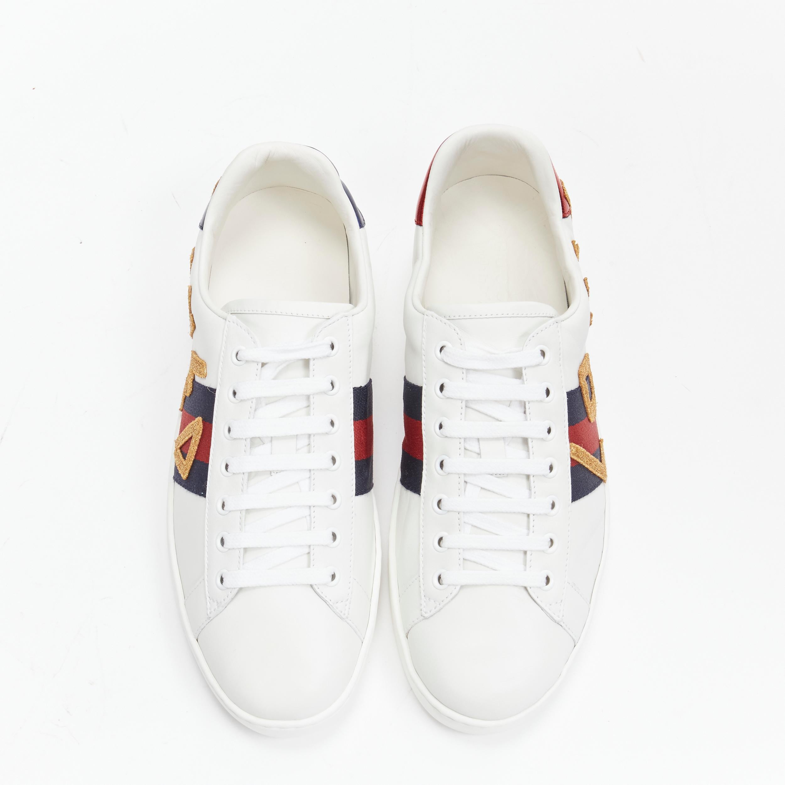 White GUCCI Ace Loved gold letter patchwork white navy red web sneaker UK9 EU43 For Sale