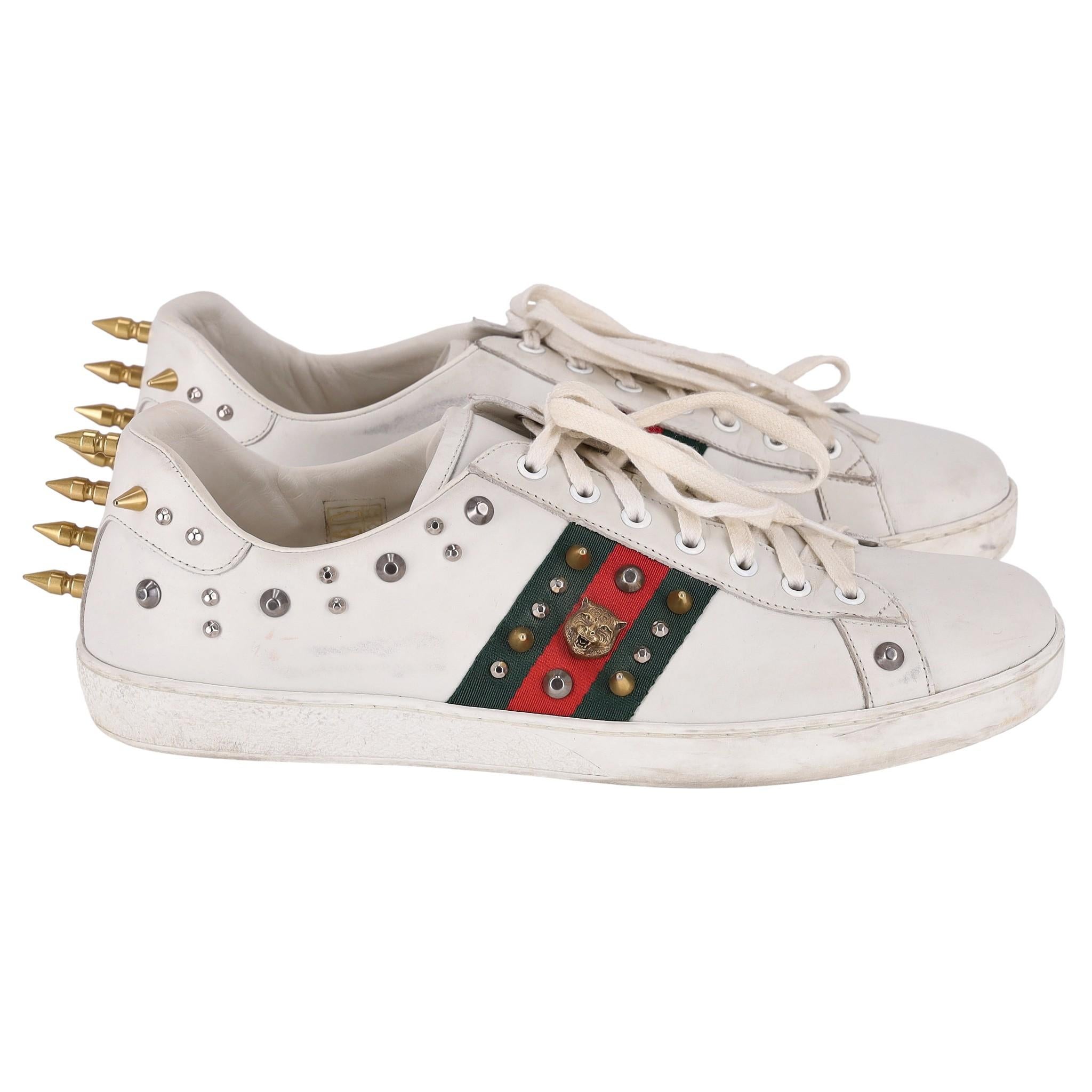Gray Gucci Ace Punk Web Studded Leather Sneakers For Sale