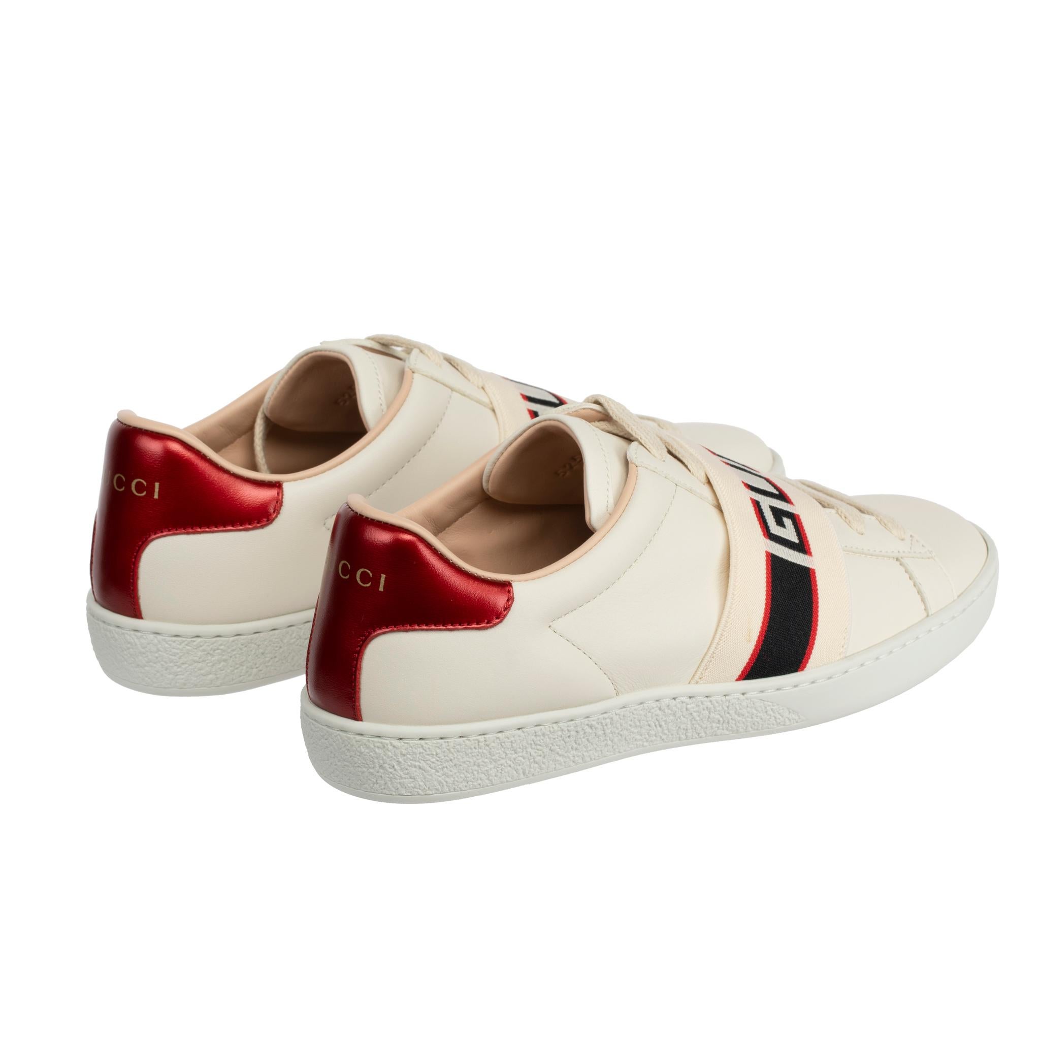 
Brand:

Gucci

Product:

Ace Sneakers With Gucci Logo Strap

Size:

35.5 It

Colour:

Off-White & Metallic Red

Material:

Smooth Leather

Condition:

Pristine; New Or Never Worn

Accompanied By:

Gucci Box, Two Gucci Dustbags, Tag & Card
