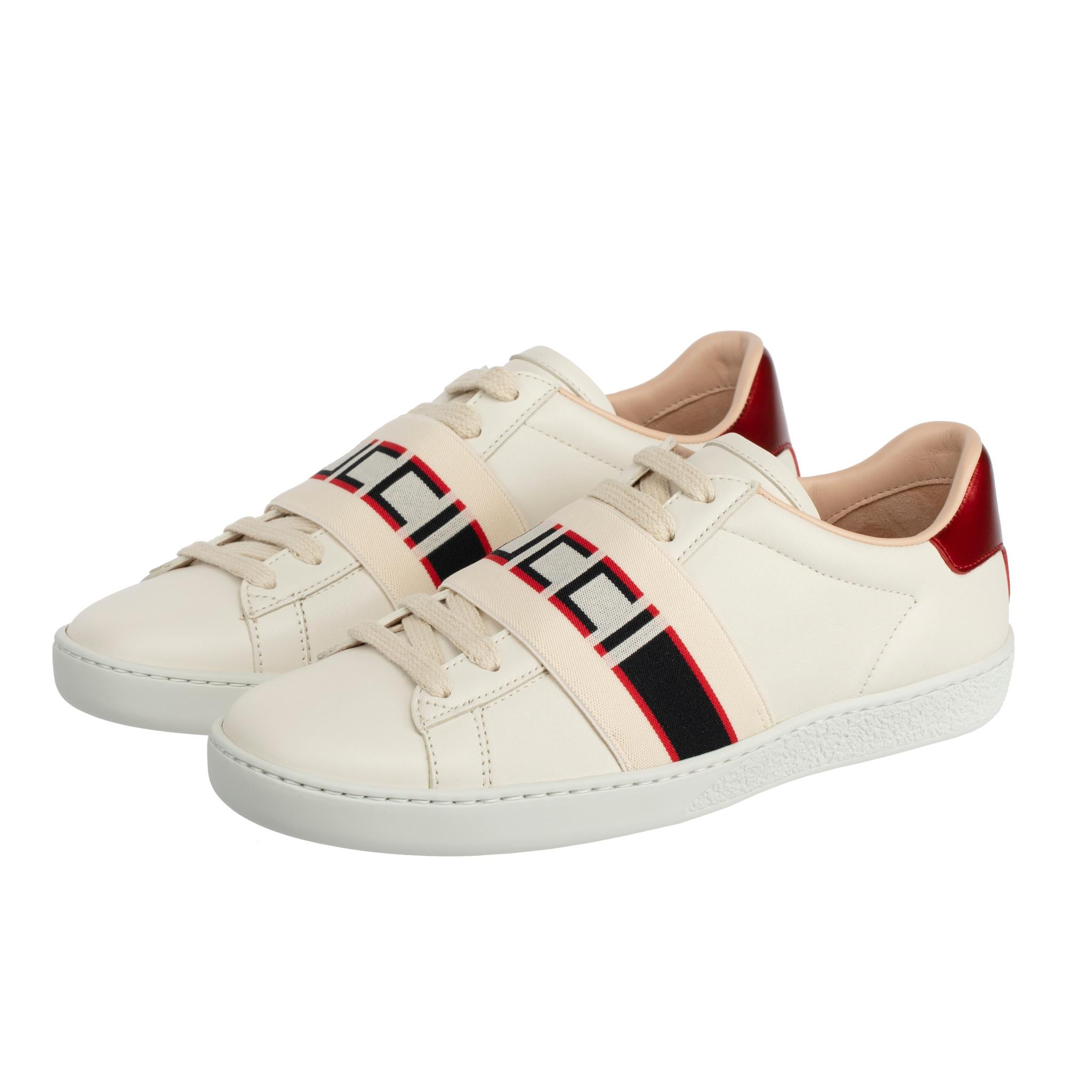 Gucci Ace Turnschuhe in Off-White & Metallic Rot 35.5 IT im Angebot 2