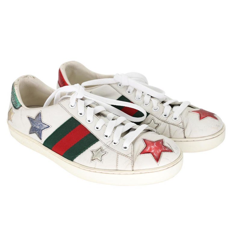 Gucci Ace Stars Embellished 7.5 Leather Low Trainer Men's Sneakers  GG-0819P-0003 For Sale at 1stDibs