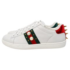 Gucci Ace White Calfskin Faux Pearl Accent & Spike Sneakers