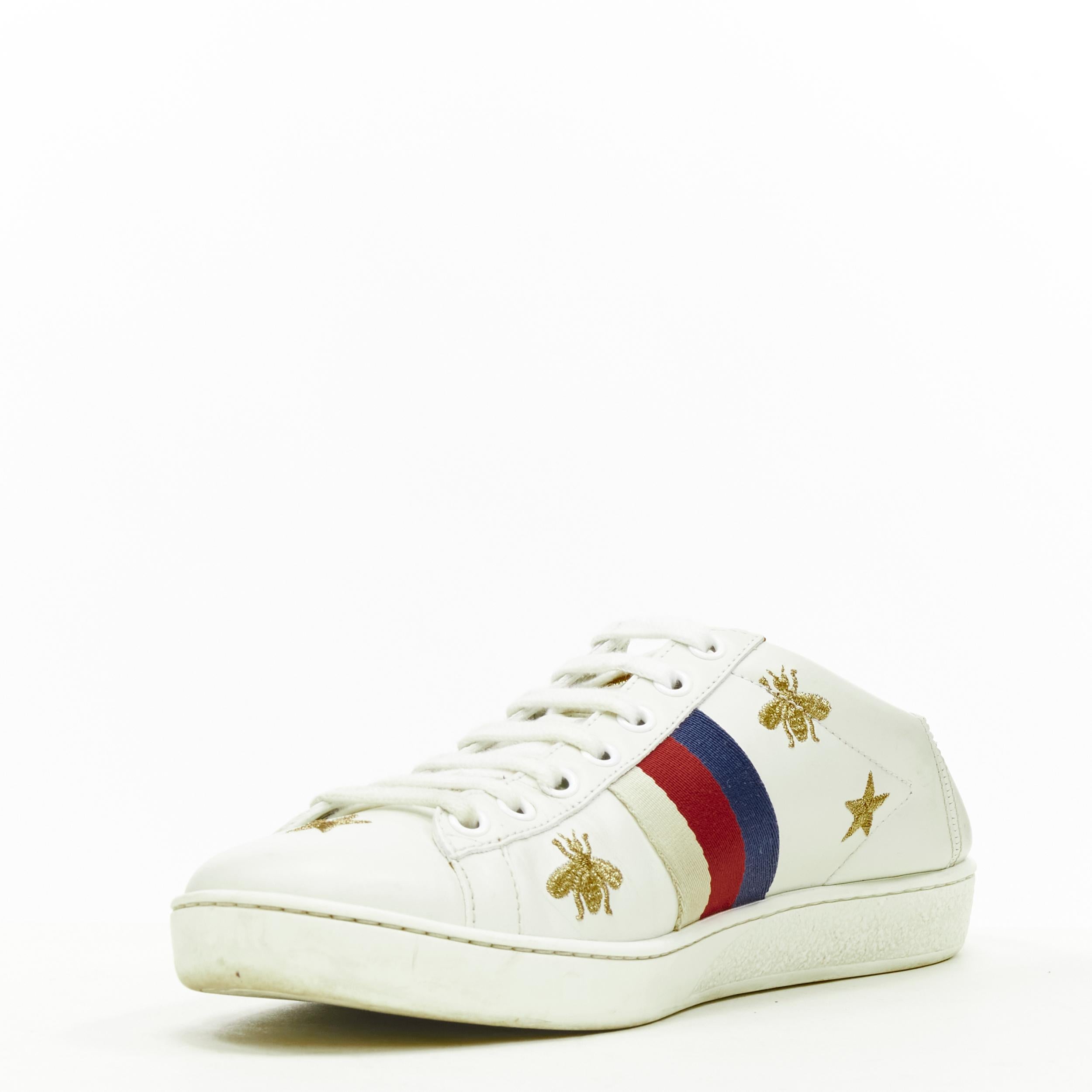 Beige GUCCI Ace white leather gold Bee Star embroidery web step back sneaker EU37 US7