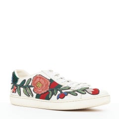 GUCCI Ace white leather pink floral embroidered patch sneakers EU37.5
