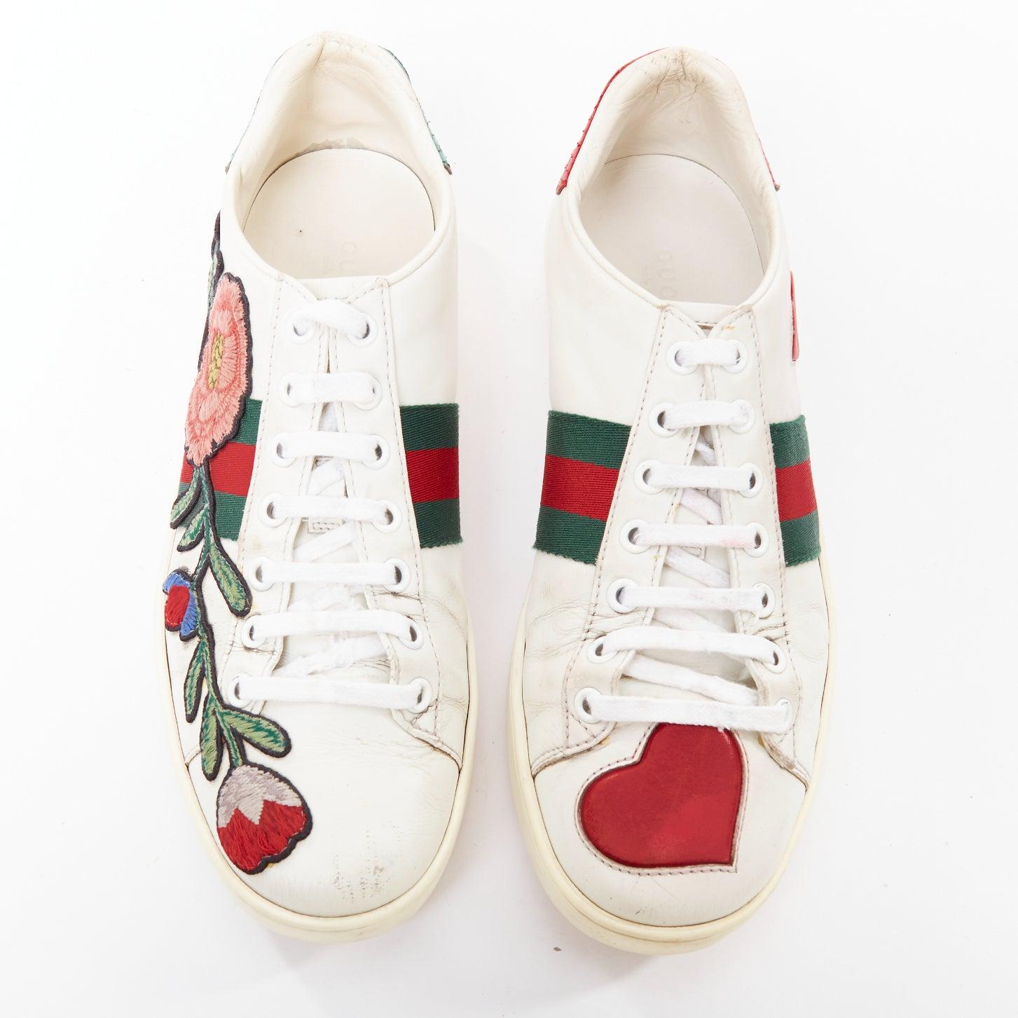 Beige Gucci Ace, scarpe da ginnastica in pelle bianca e rosa con ricamo floreale, EU37.5 in vendita