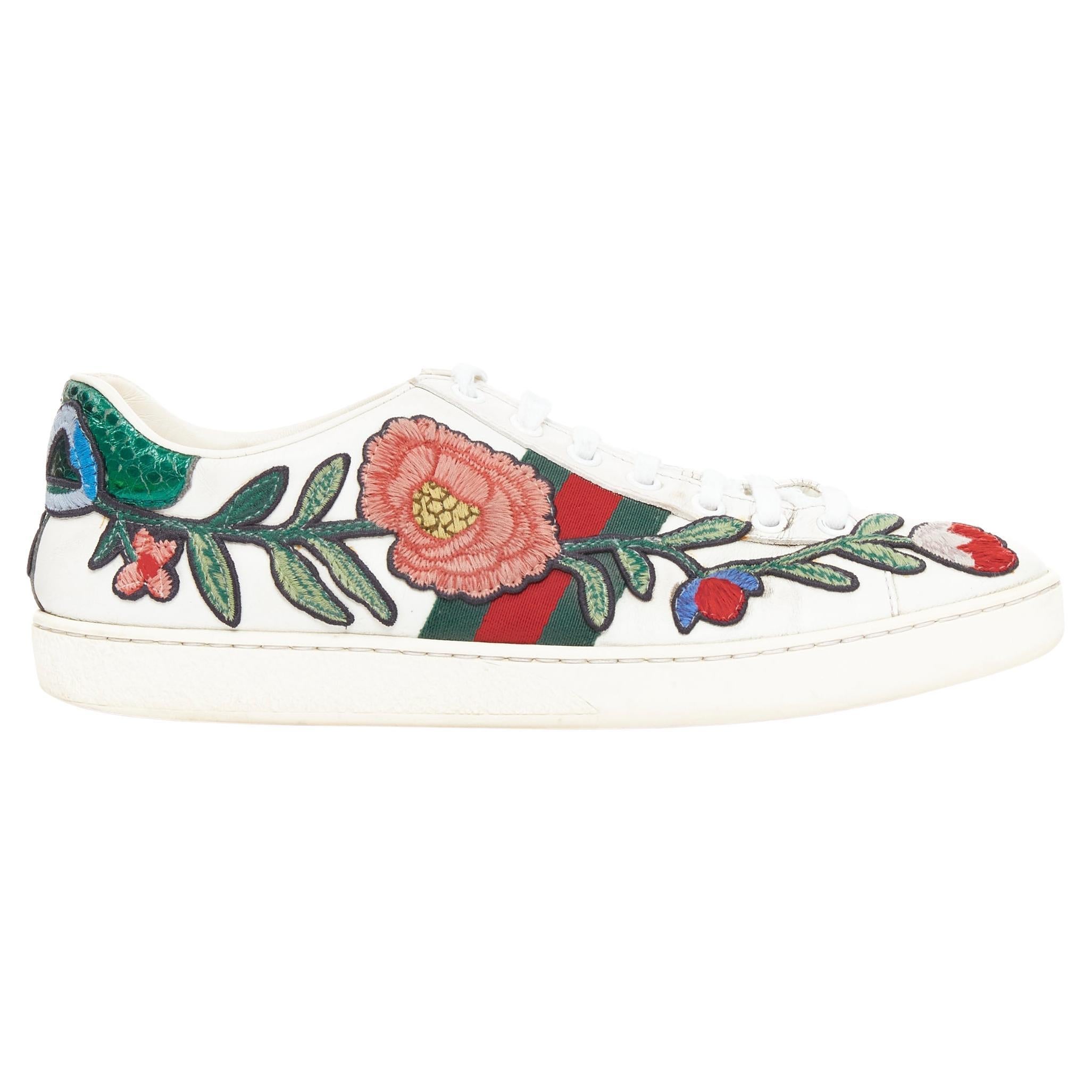 Gucci Ace, scarpe da ginnastica in pelle bianca e rosa con ricamo floreale, EU37.5