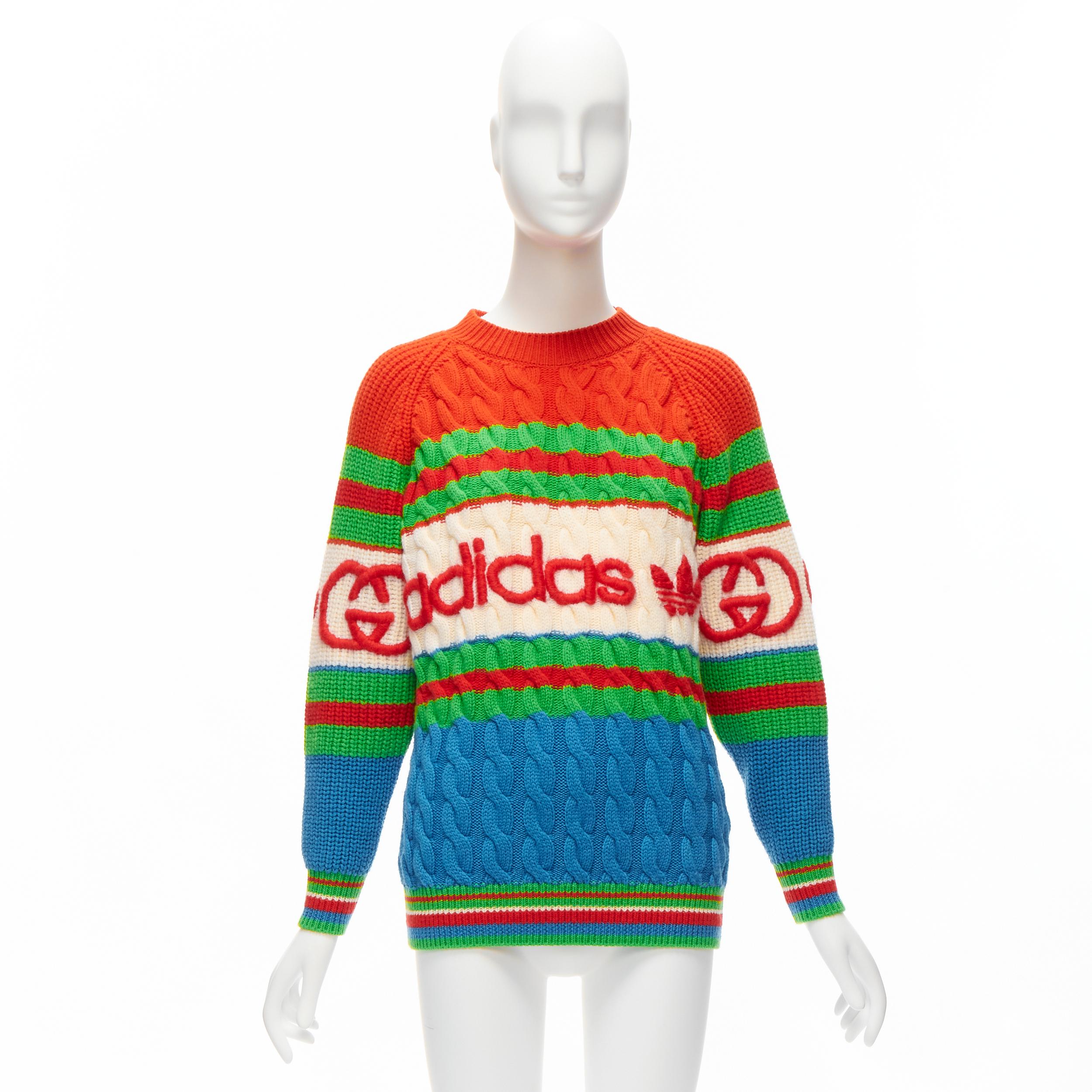 GUCCI ADIDAS 2022 100% wool red green 3D logo embroidery cable sweater XXS For Sale 6
