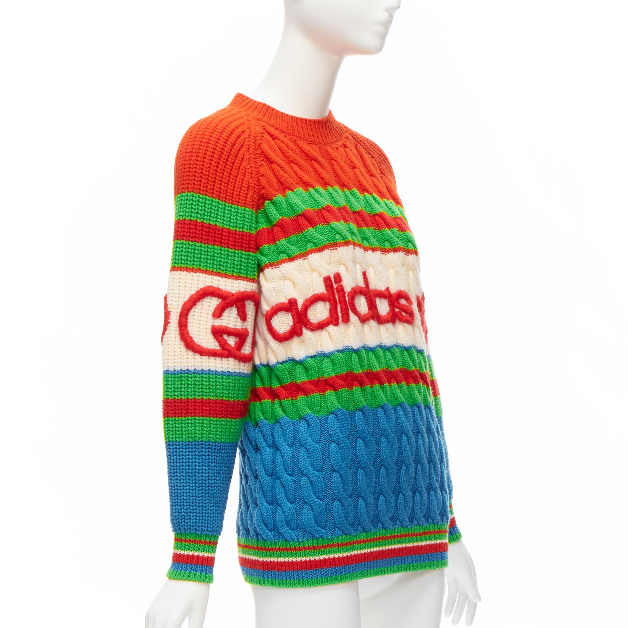 GUCCI ADIDAS 2022 100% wool red green 3D logo embroidery cable sweater XXS In Excellent Condition For Sale In Hong Kong, NT